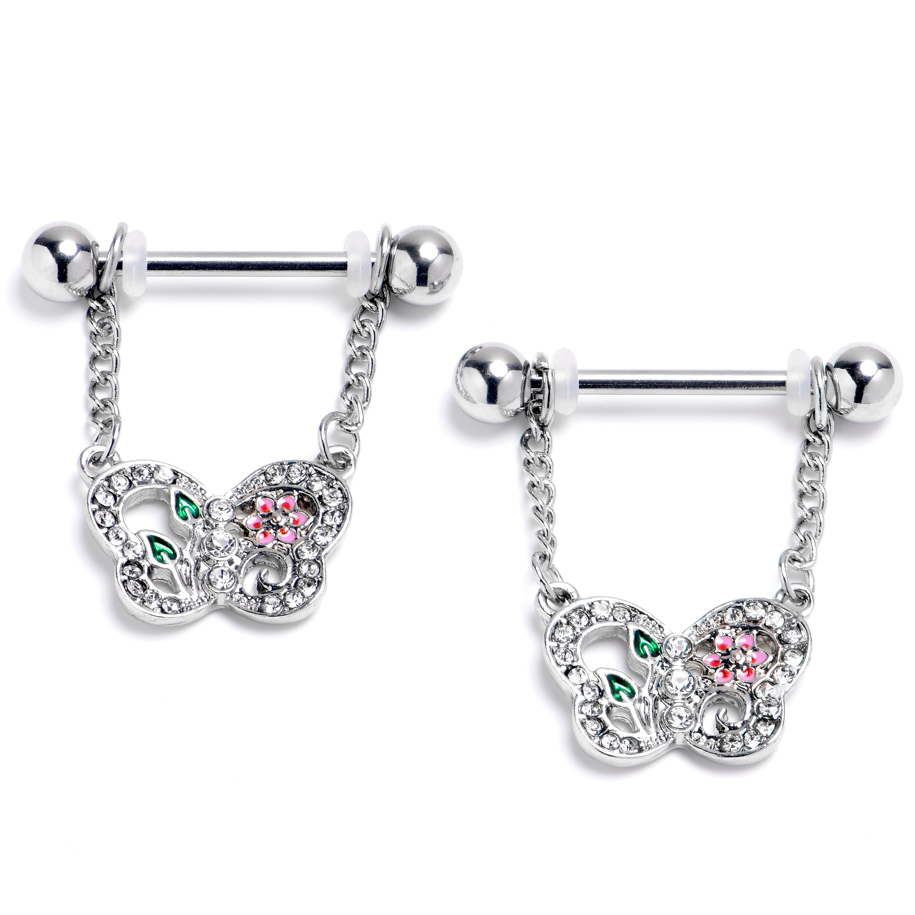 BodyCandy 14G 9/16 Clear Gem Floral Butterfly Style Dangle Nipple Ring Set — main product shot