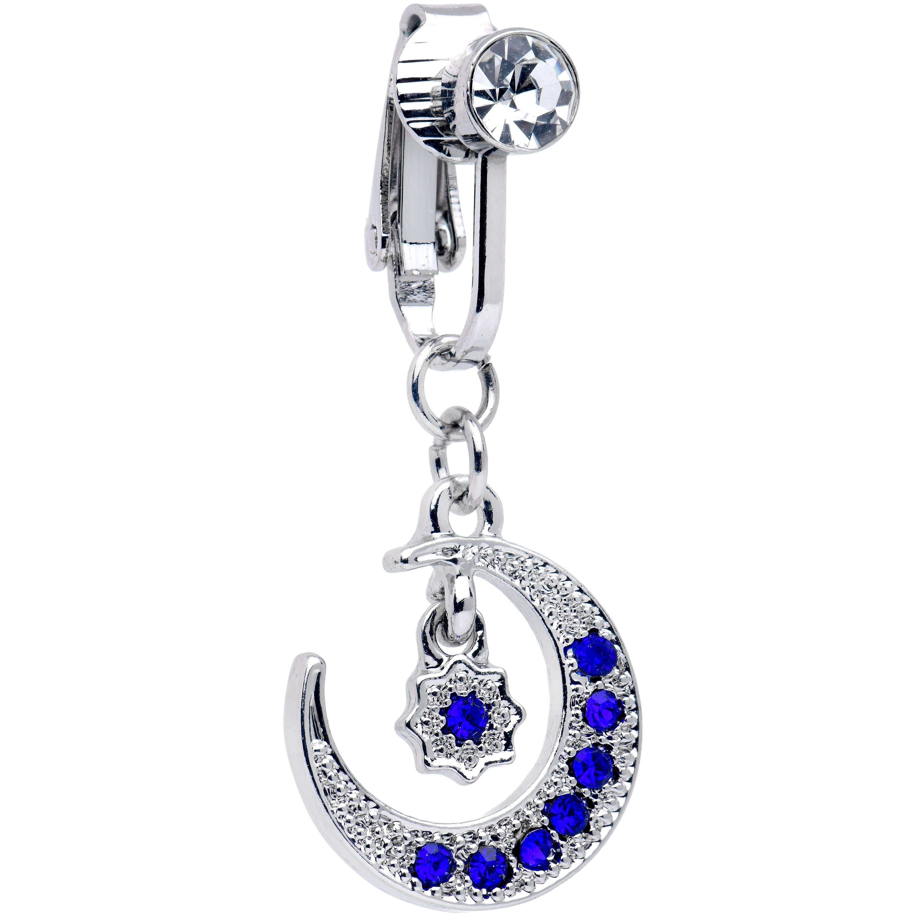 BodyCandy Blue CZ Gem Moon And Star Dangle Clip on Fake Belly Ring — main product shot