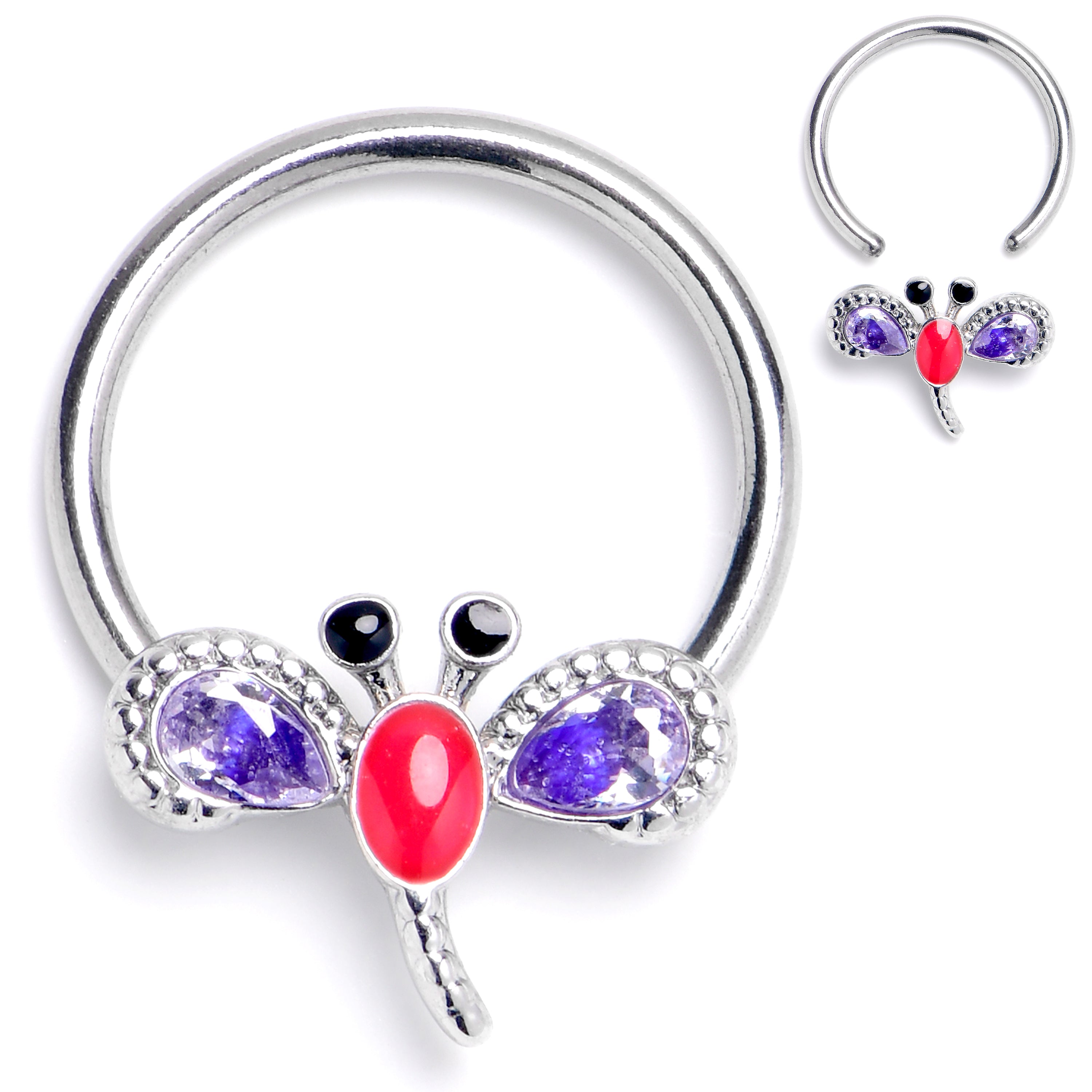 BodyCandy 16G 3/8 Purple Gem Embellished Dragonfly BCR Captive Ring — main product shot