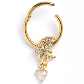 16G 3/8 Clear CZ Gem Gold Tone Moon Bow Heart Hinged Segment Ring