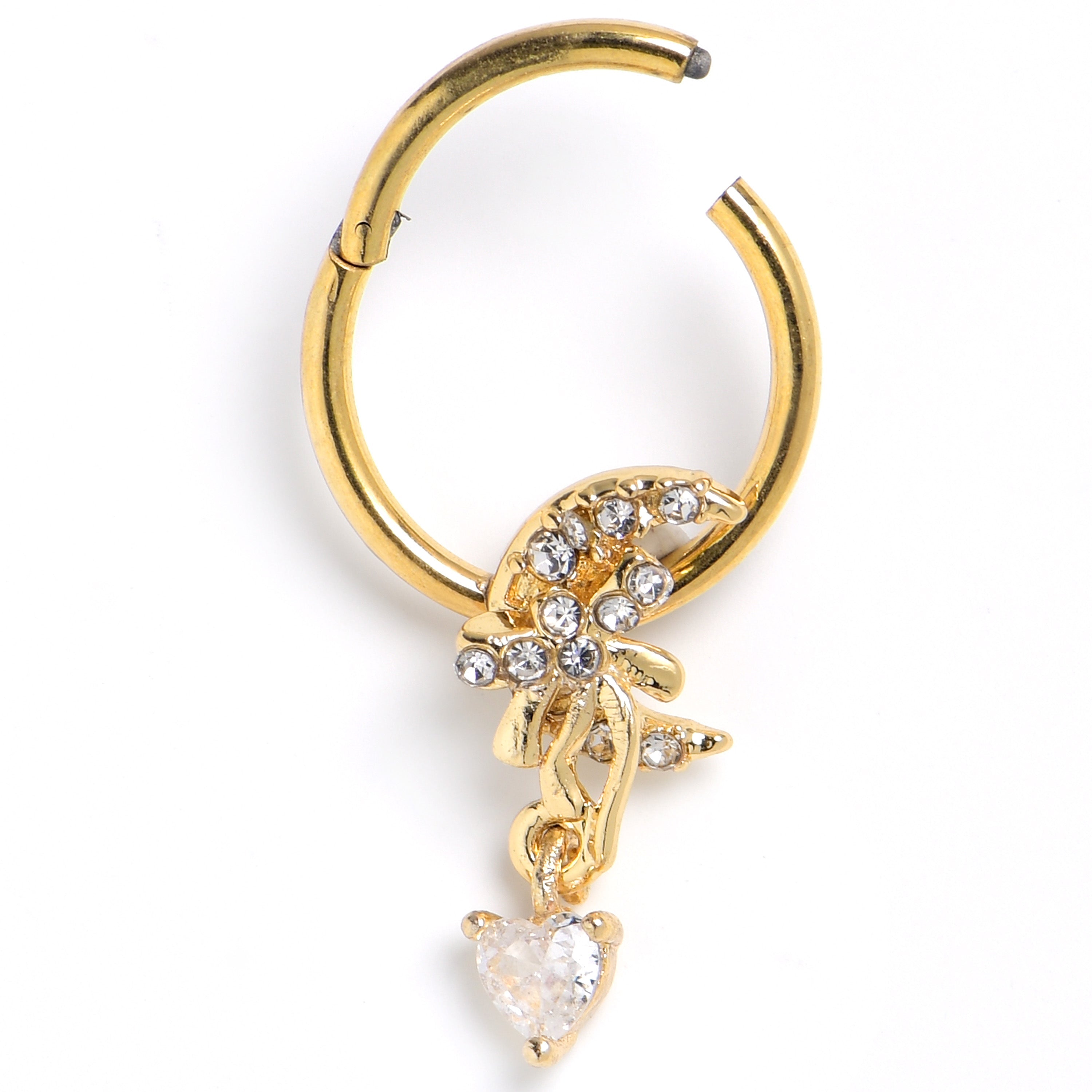 BodyCandy 16G 3/8 Clear CZ Gem Gold Tone Moon Bow Heart Hinged Segment Ring — main product shot