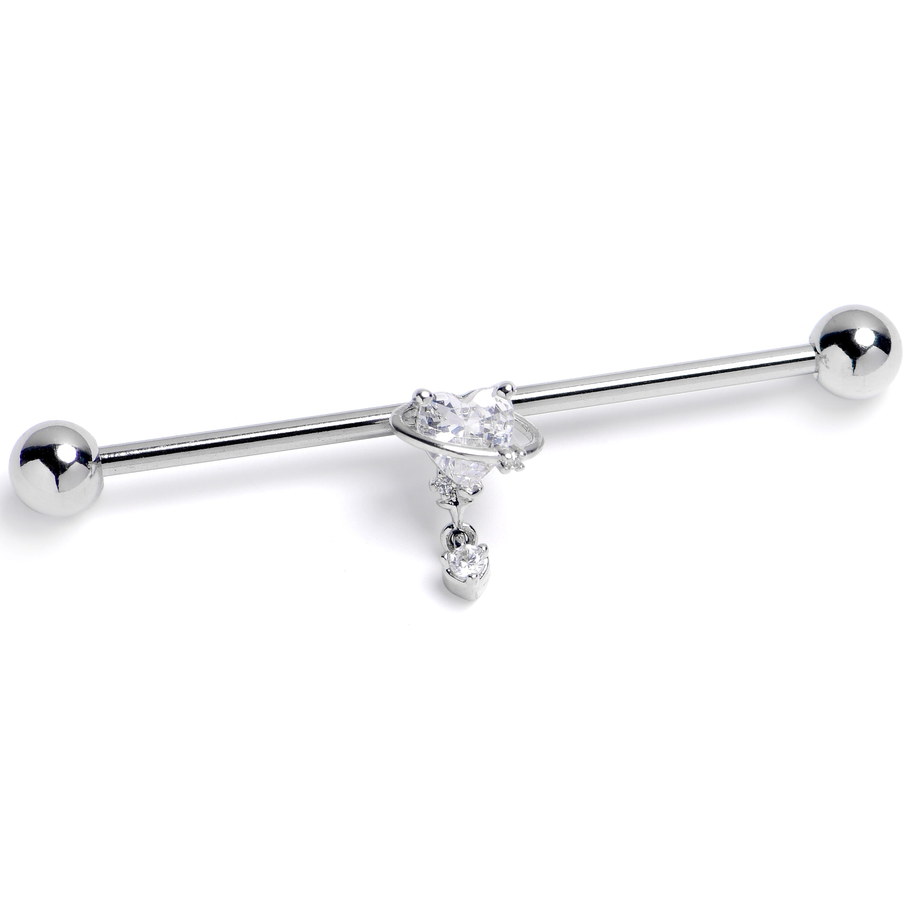 BodyCandy 14G Clear CZ Gem Saturn Heart Dangle Industrial Barbell 38mm — main product shot