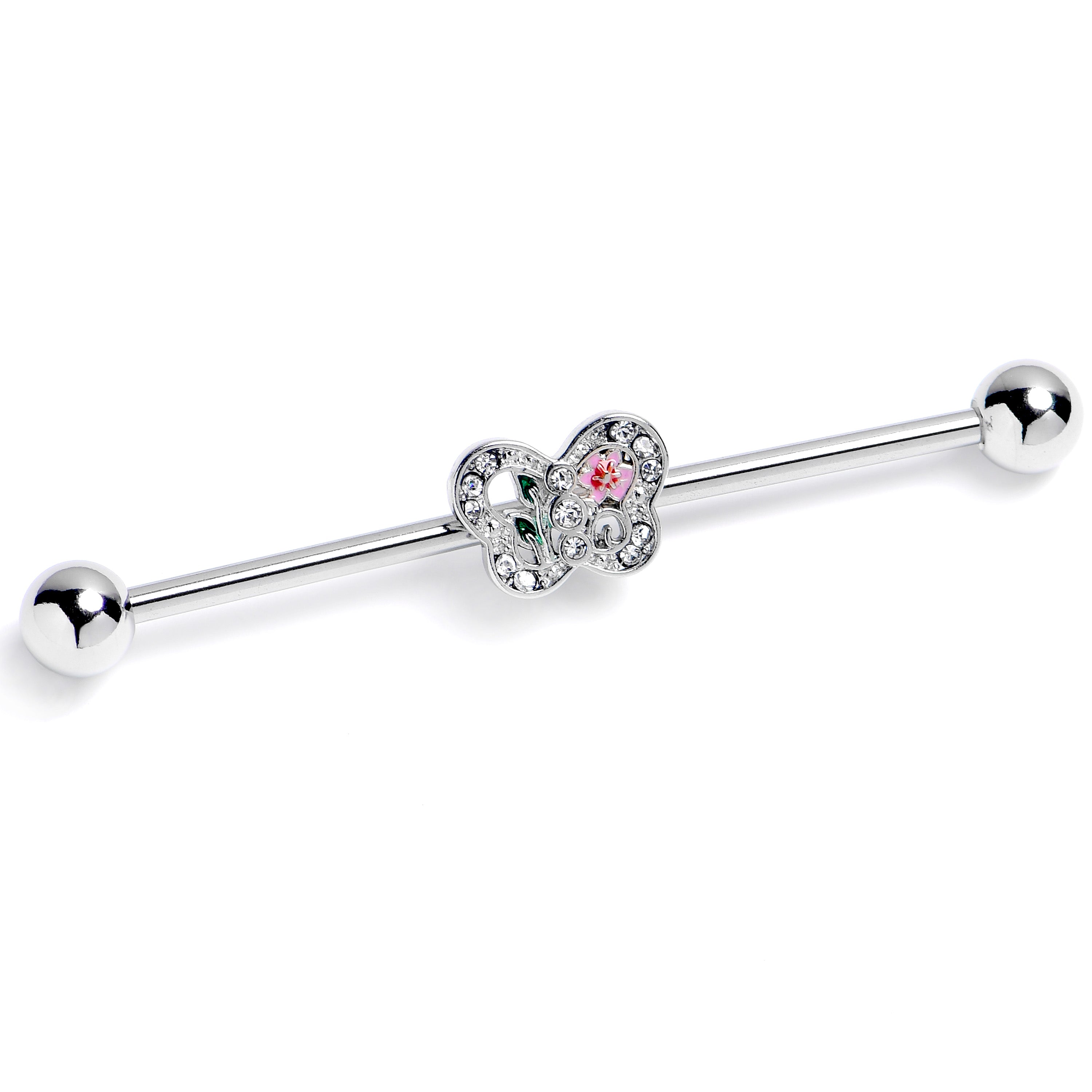 BodyCandy 14G Clear Pink Gem Floral Butterfly Industrial Barbell 38mm — main product shot