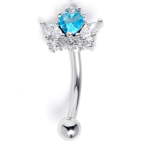 16G 5/16 Clear Blue Gem Crown Heart Curved Eyebrow Ring