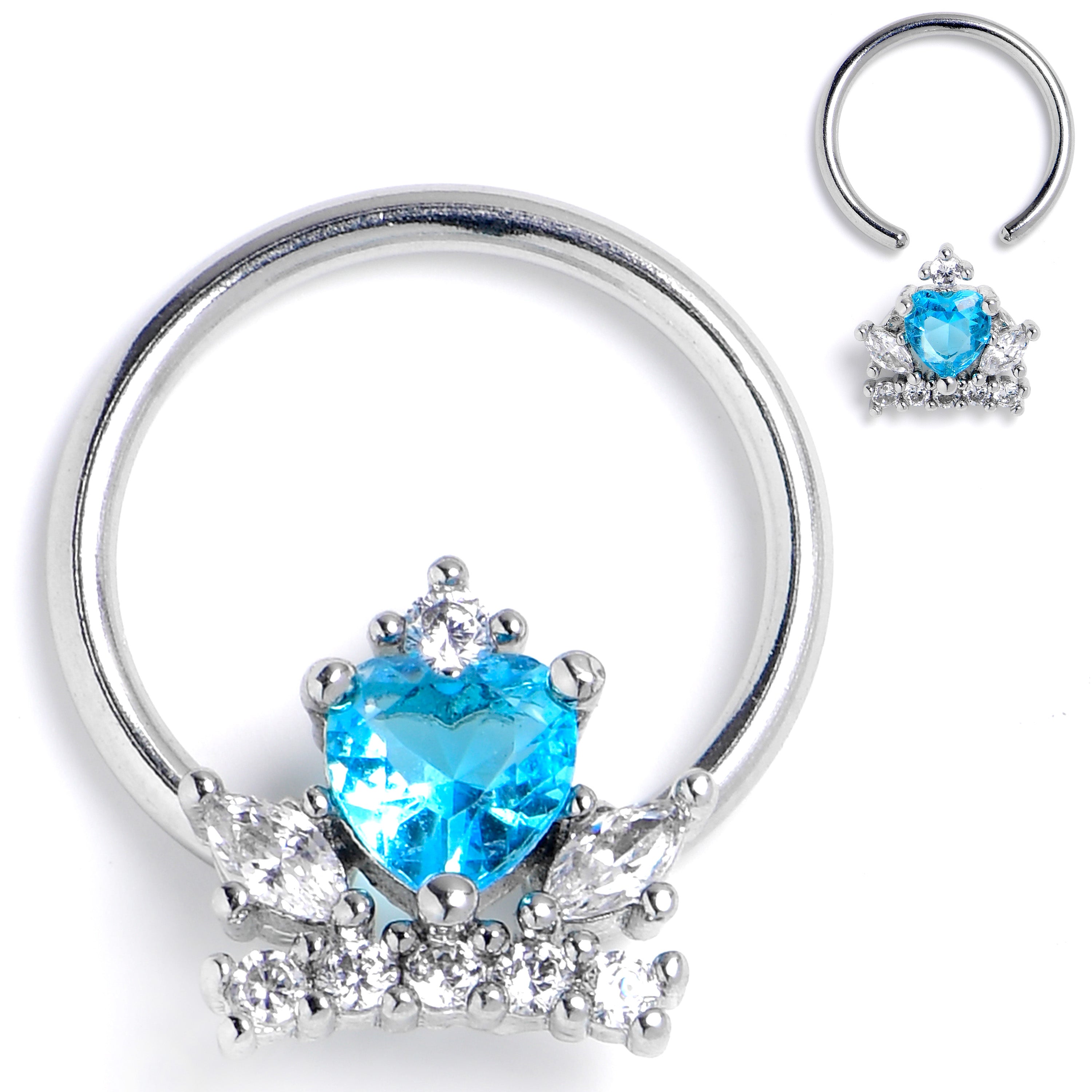 BodyCandy 16G 3/8 Clear Blue CZ Gem Heart Crown BCR Captive Ring — main product shot