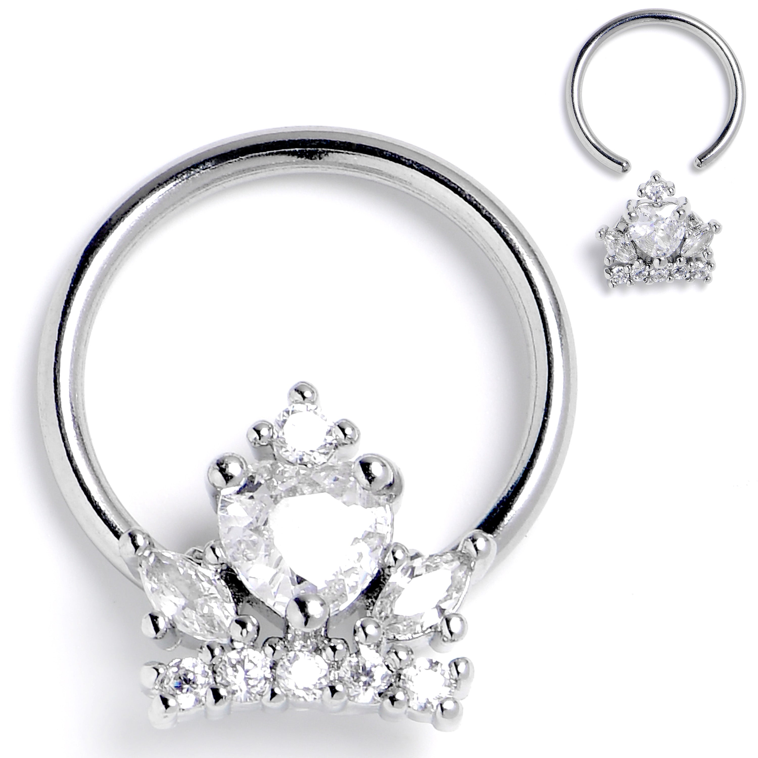 BodyCandy 16G 3/8 Clear CZ Gem Crown Heart BCR Captive Ring — main product shot
