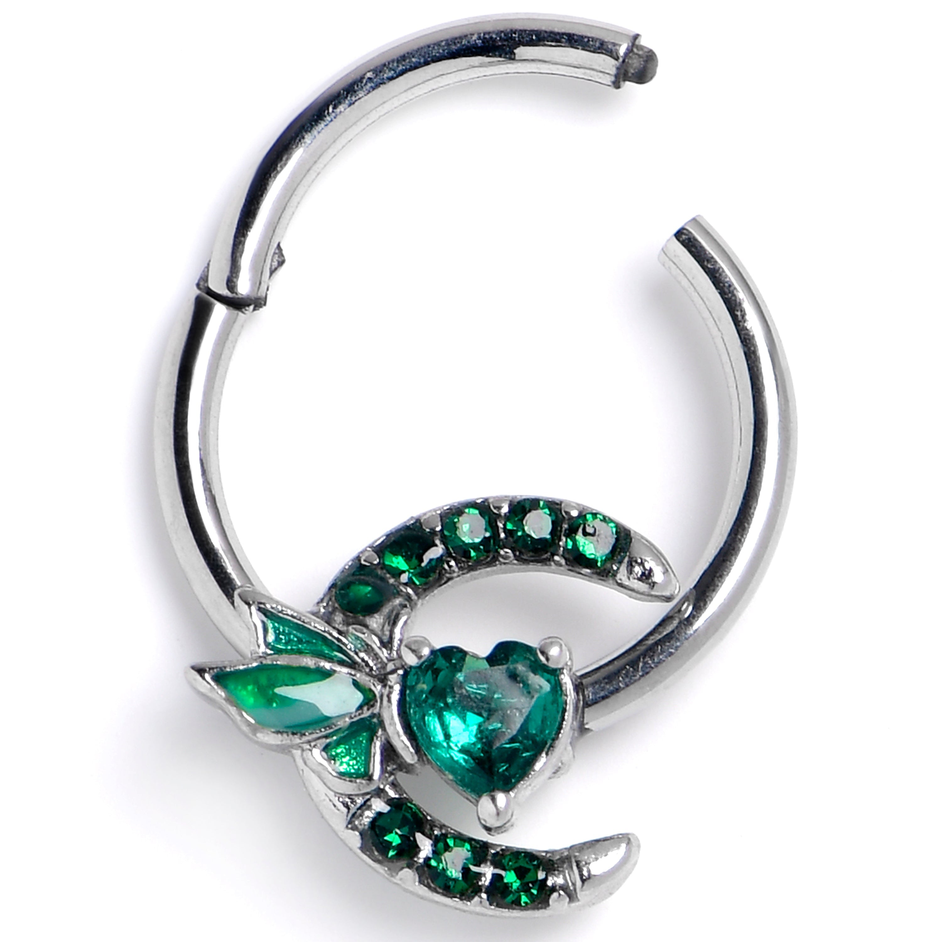 BodyCandy 16G 3/8 Green Gem Butterfly Heart Moon Hinged Segment Ring — main product shot