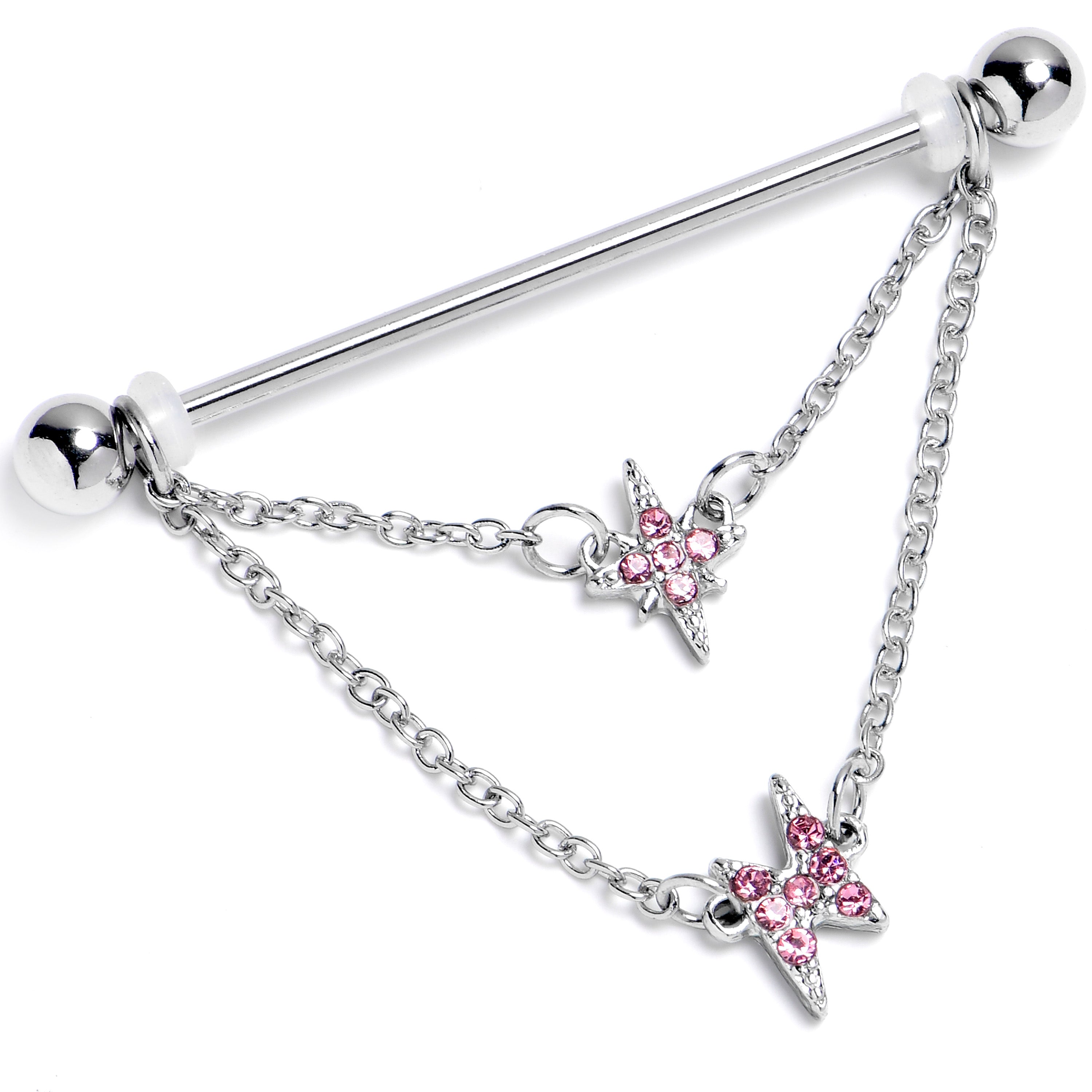 BodyCandy 14G Pink Gem Starry Lightning Chain Dangle Industrial Barbell 38mm — main product shot
