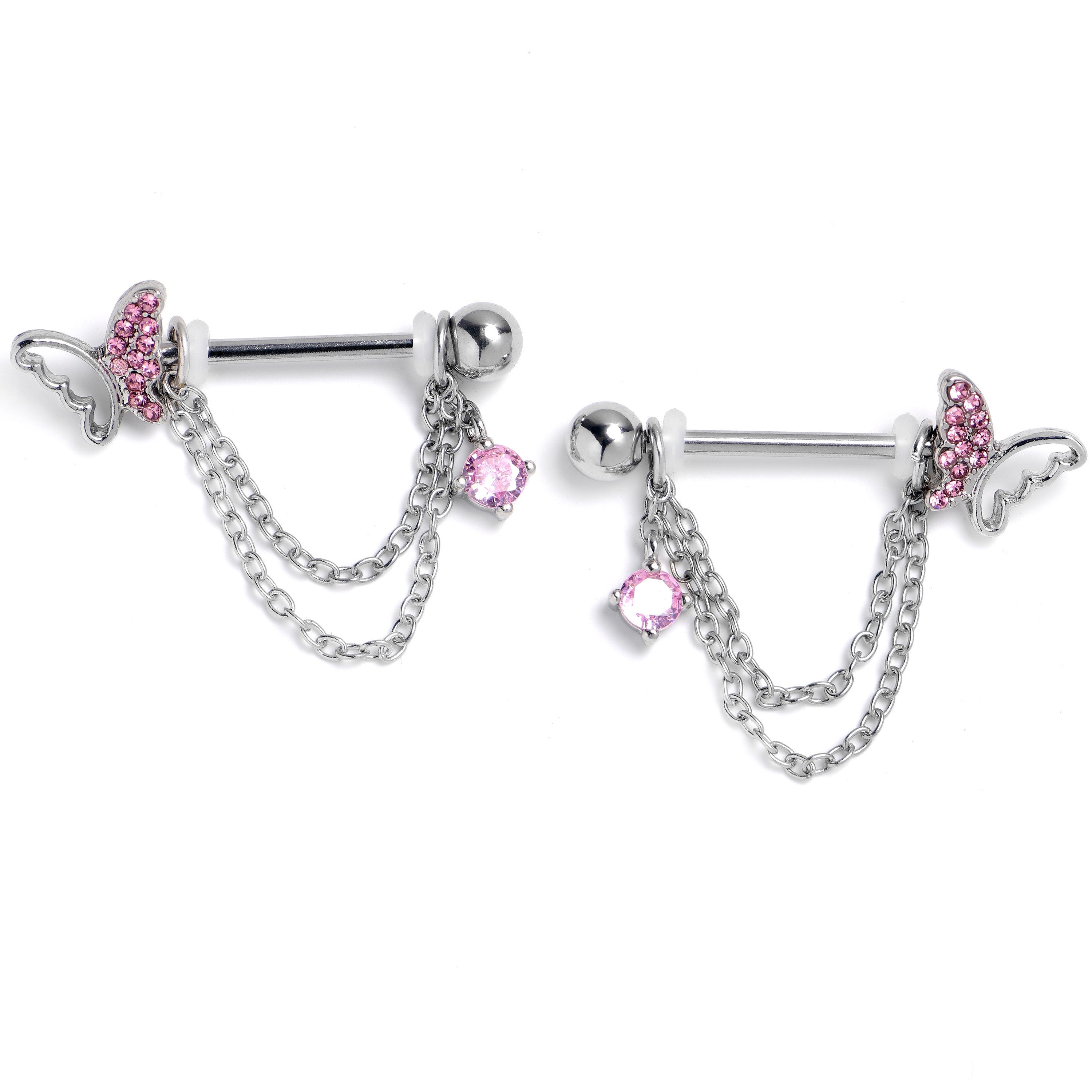 BodyCandy 14G 9/16 Pink Gem Butterfly White Dangle Nipple Ring Set — main product shot