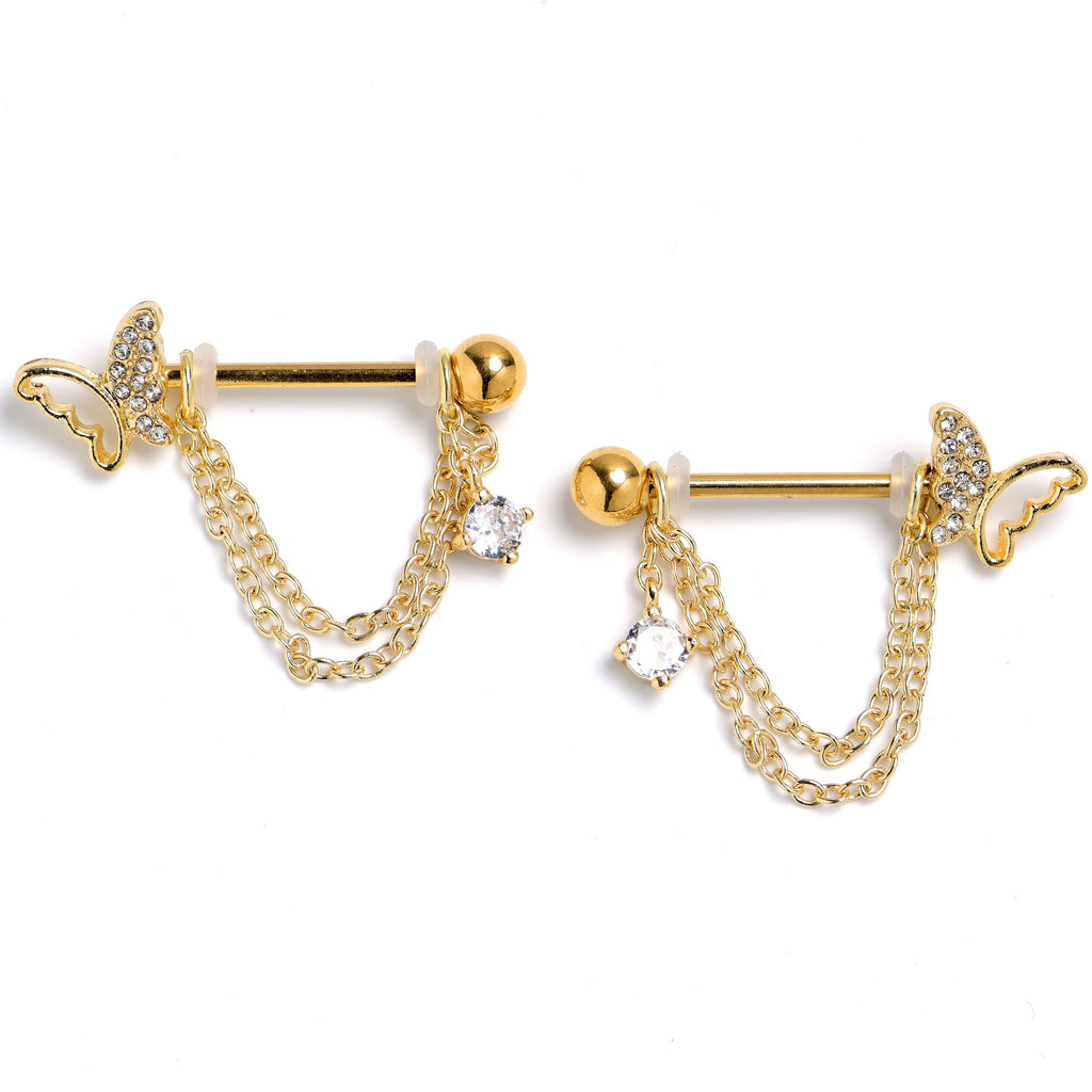 BodyCandy 14G 9/16 Clear Gem Gold Tone Butterfly White Dangle Nipple Ring Set — main product shot