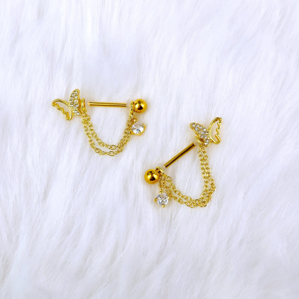 BodyCandy 14G 9/16 Clear Gem Gold Tone Butterfly White Dangle Nipple Ring Set — detail close-up