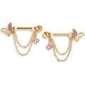 BodyCandy 14G 9/16 Pink Gem Gold Tone Butterfly White Dangle Nipple Ring Set — main product shot