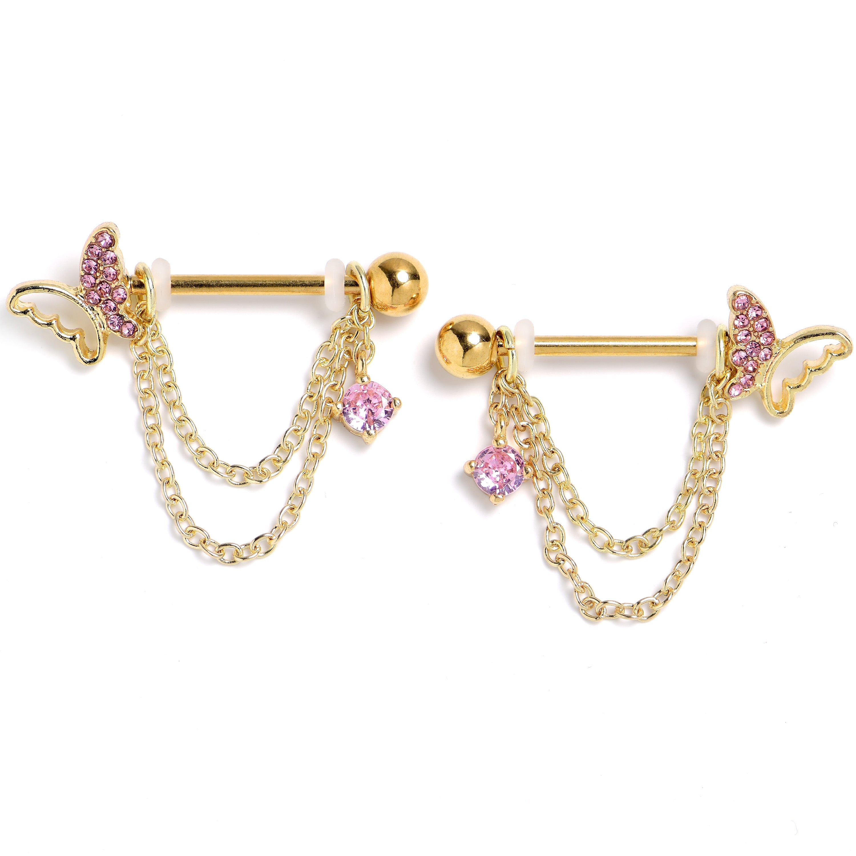 BodyCandy 14G 9/16 Pink Gem Gold Tone Butterfly White Dangle Nipple Ring Set — main product shot