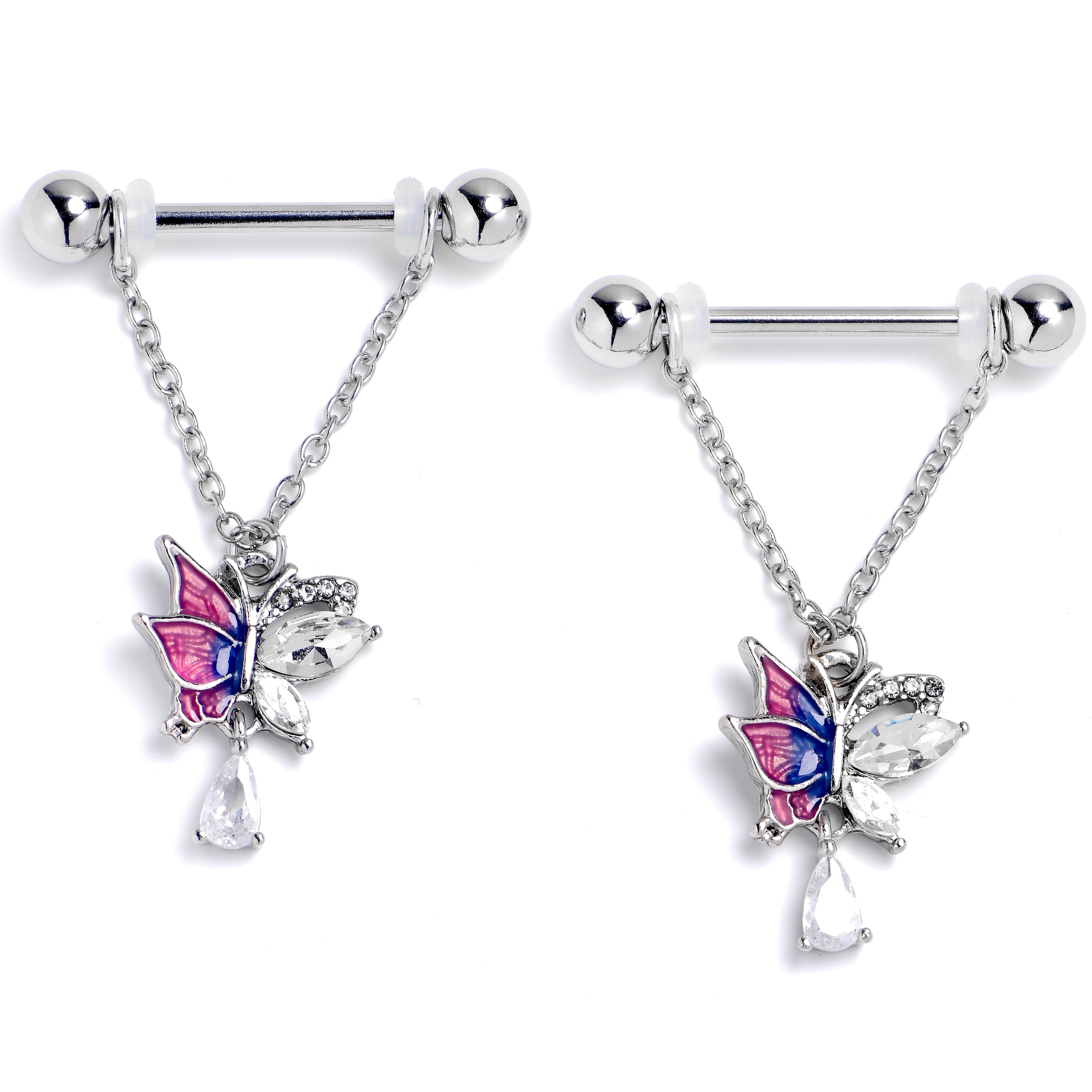 BodyCandy 14G 9/16 Clear Gem Dazzling Butterfly Purple Dangle Nipple Ring Set — main product shot