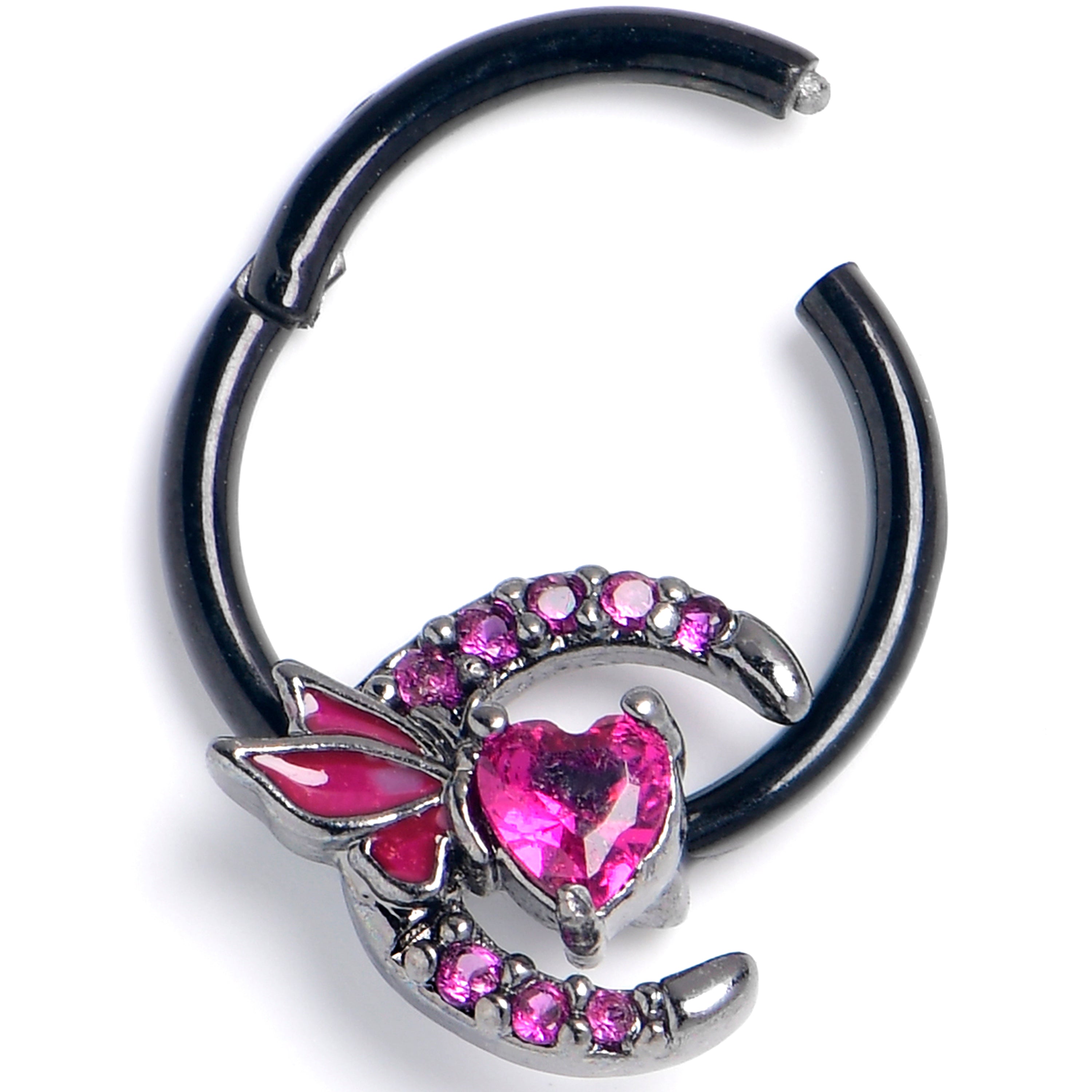 BodyCandy 16G 3/8 Pink Gem Black Butterfly Heart Moon Hinged Segment Ring — main product shot