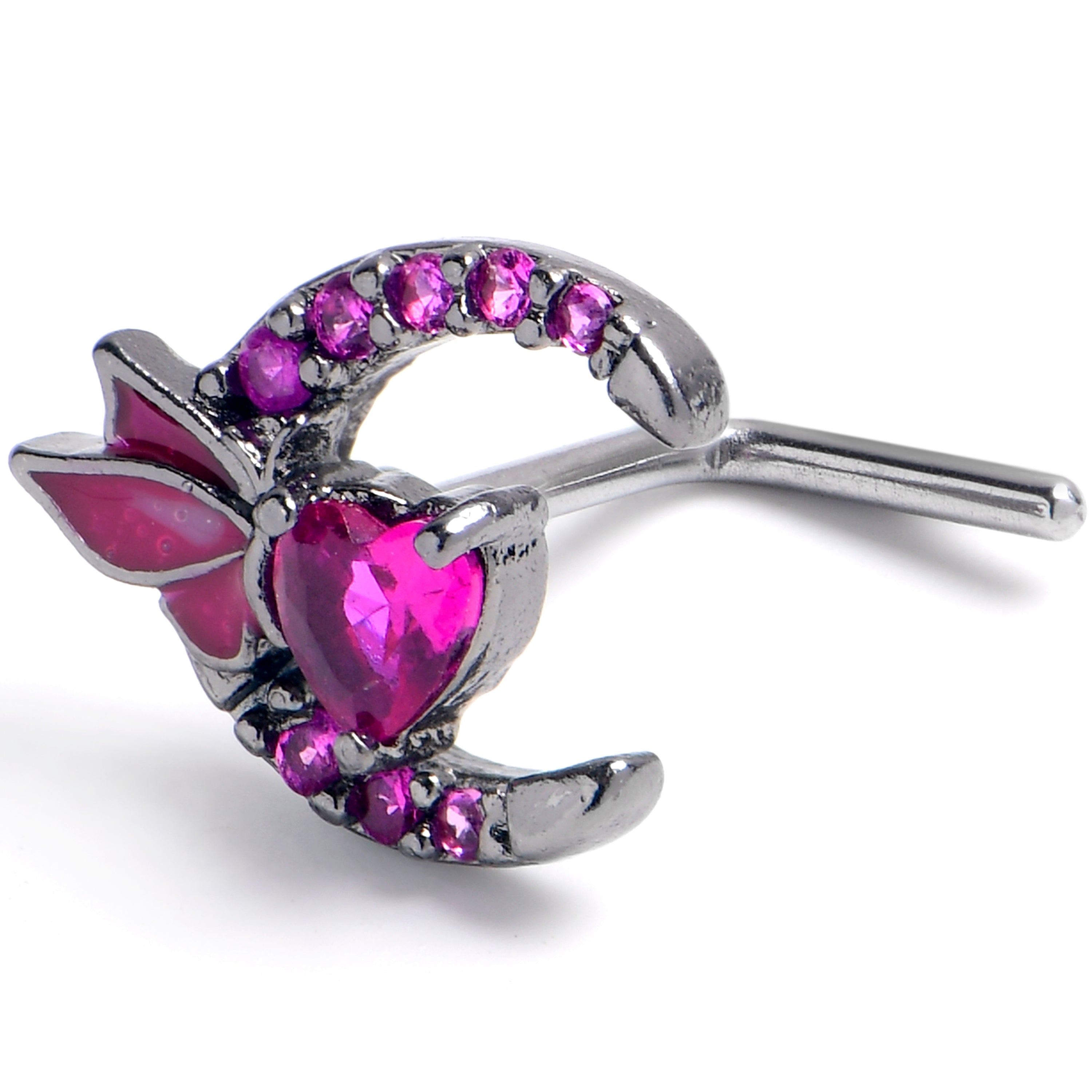 BodyCandy 20G 7mm Pink CZ Gem Black Butterfly Heart Moon L Shape Nose Ring — main product shot