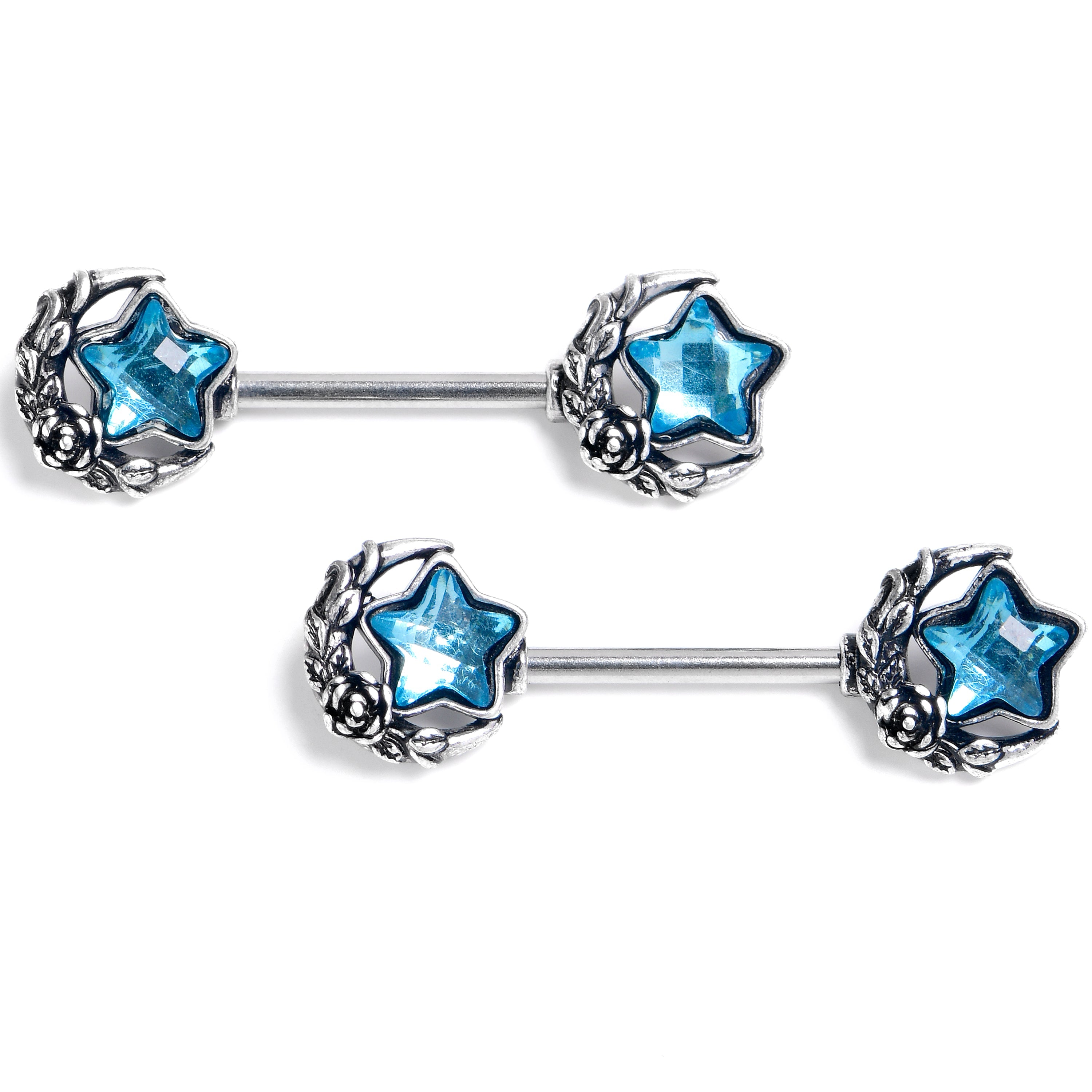 BodyCandy 14G 9/16 Blue Gem Ornate Moon Star Barbell Nipple Ring Set — main product shot