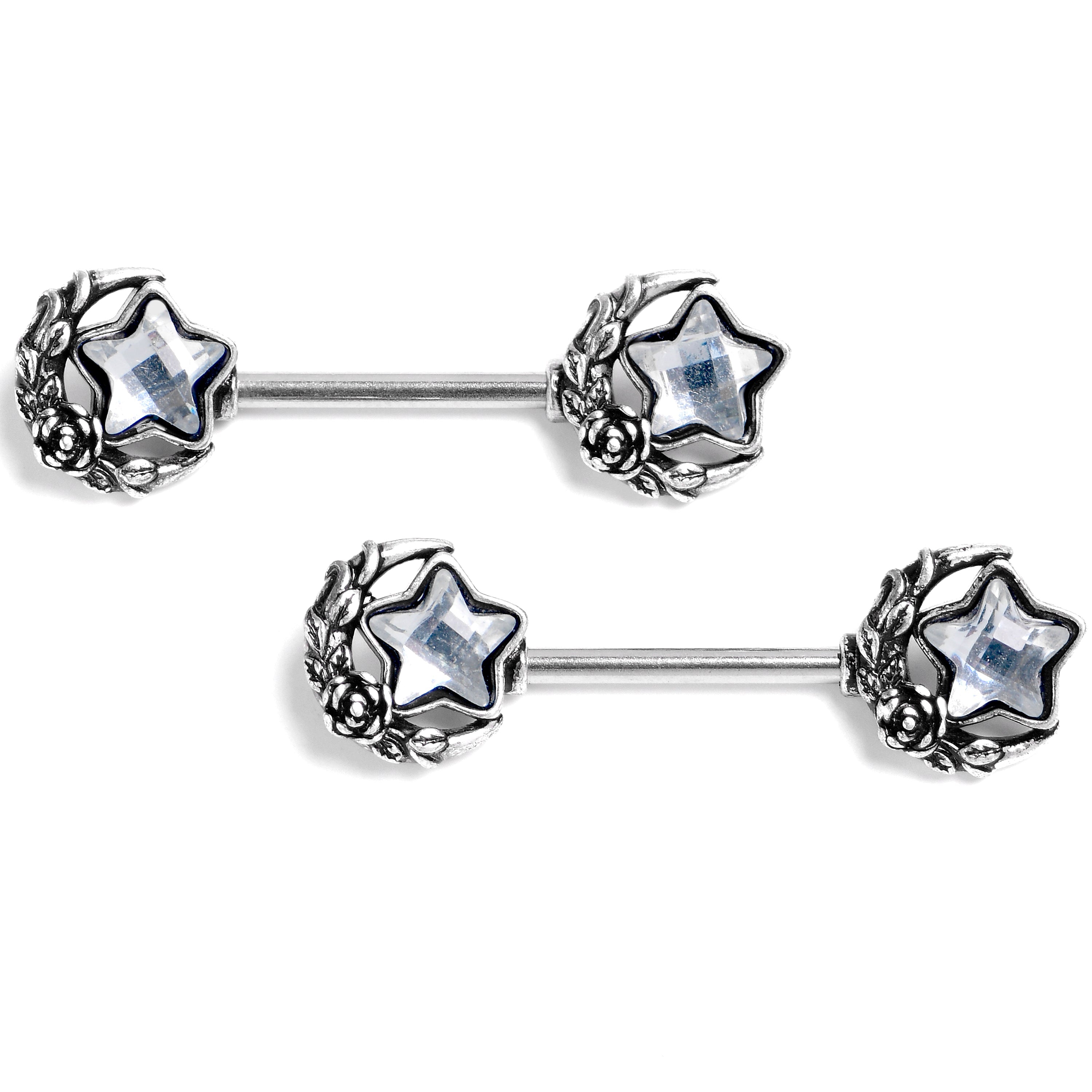 BodyCandy 14G 9/16 Clear Gem Ornate Moon Star Barbell Nipple Ring Set — main product shot