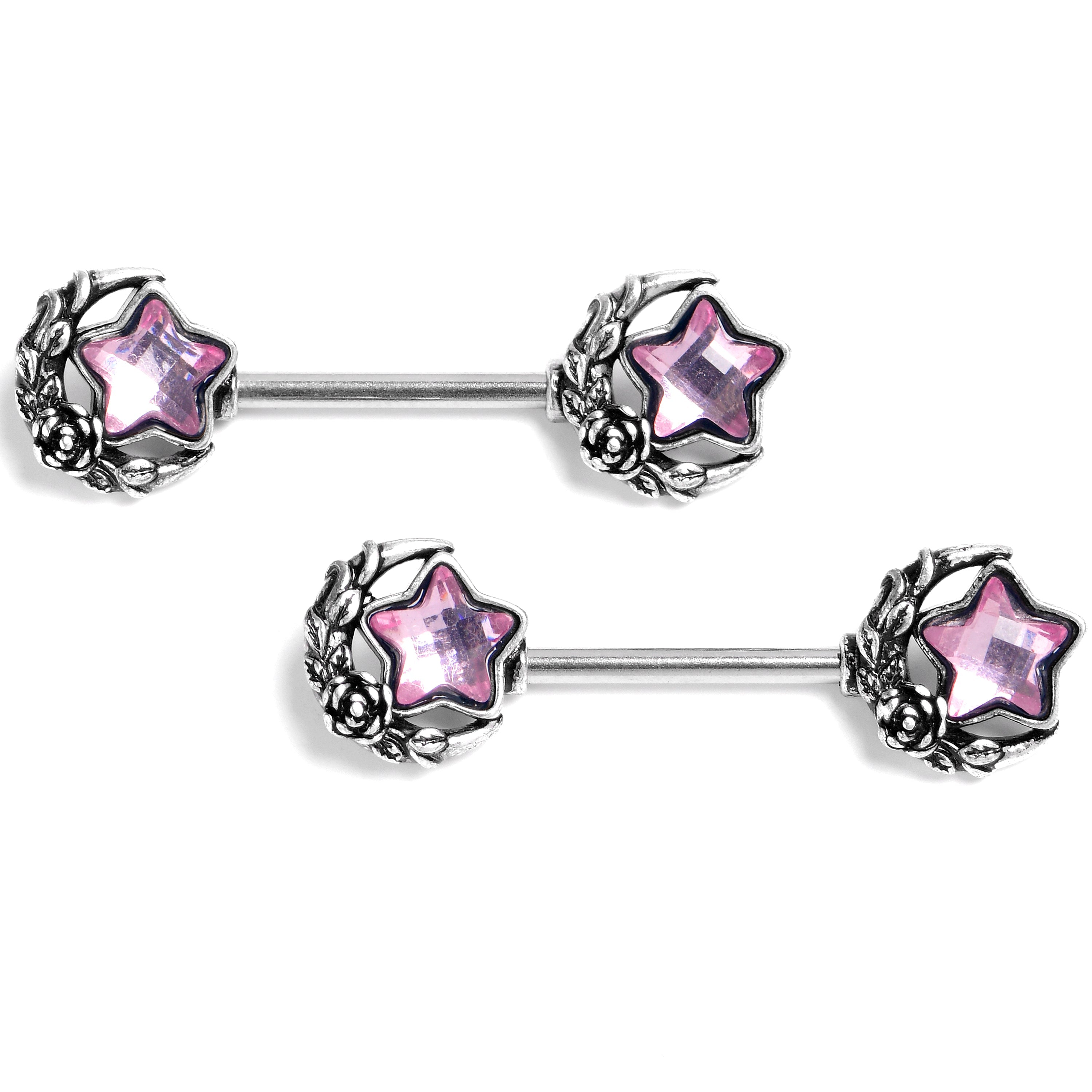 BodyCandy 14G 9/16 Pink Gem Ornate Moon Star Barbell Nipple Ring Set — main product shot