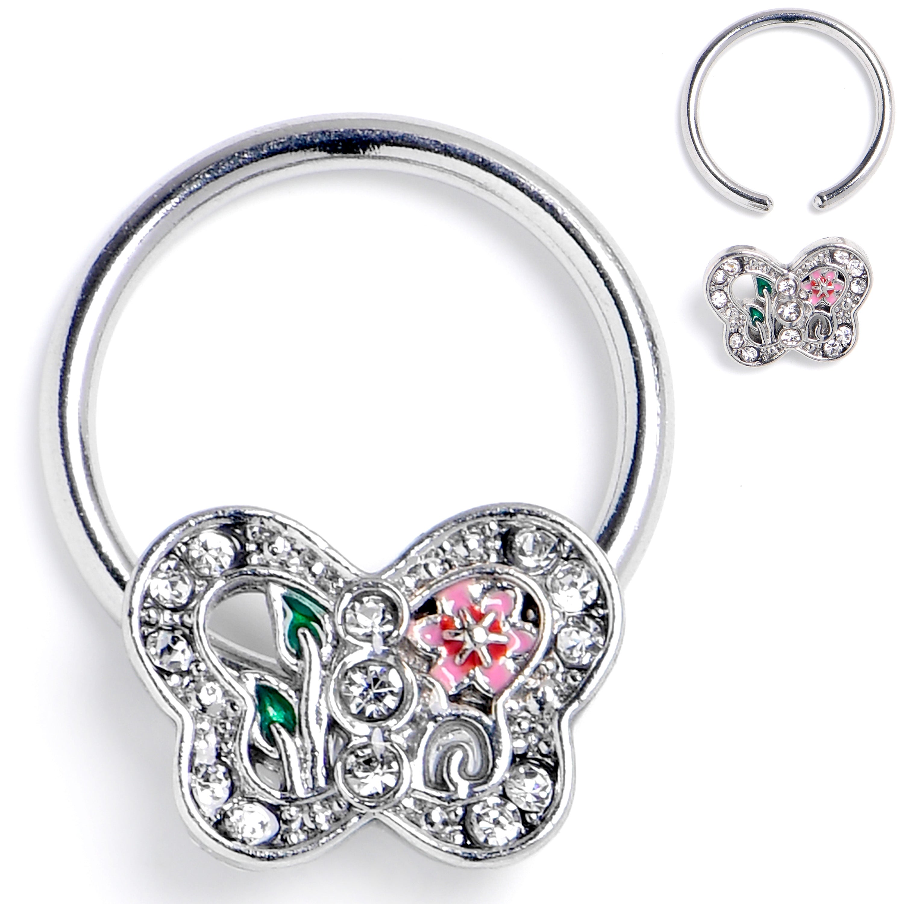 BodyCandy 16G 3/8 Clear Pink Gem Floral Butterfly BCR Captive Ring — main product shot