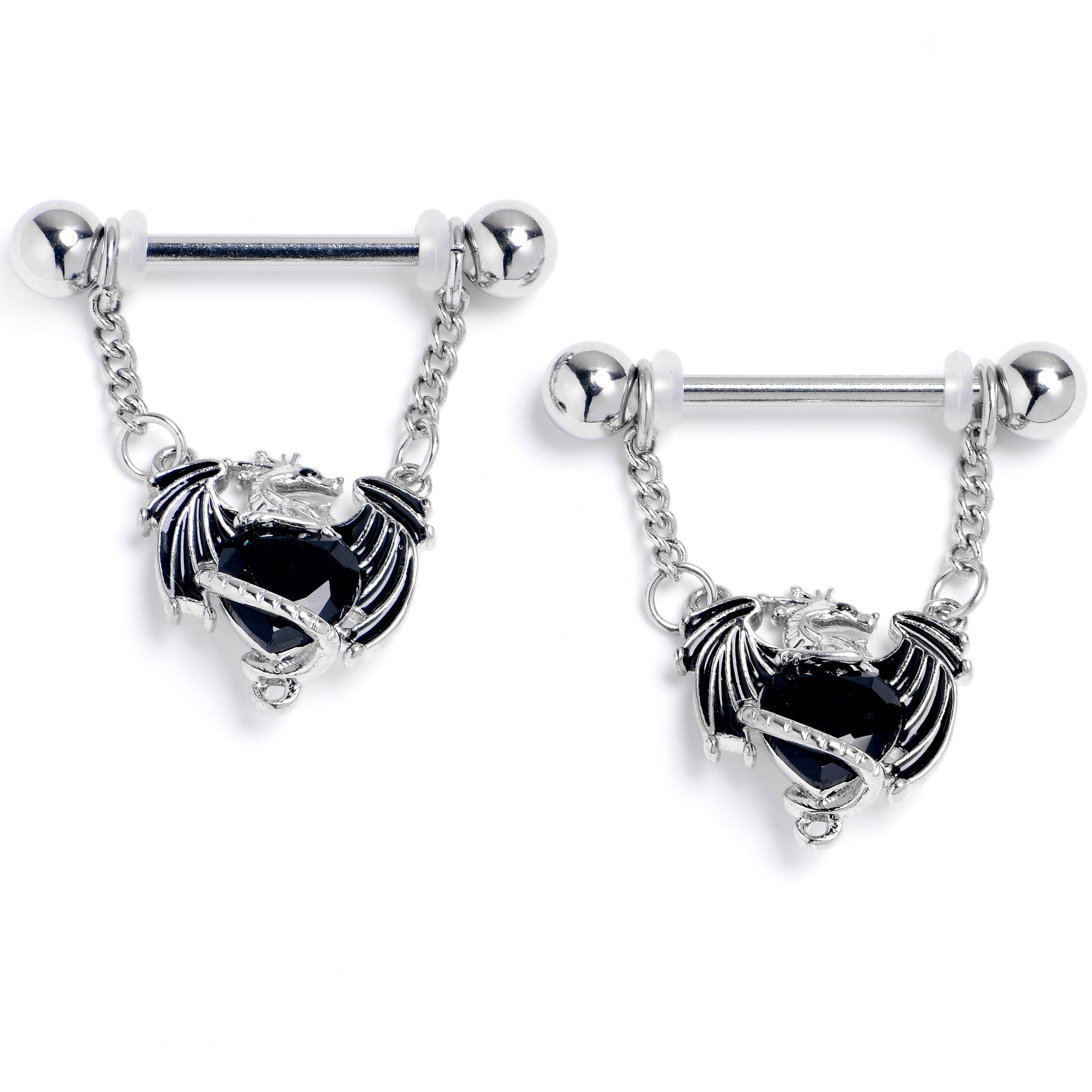 BodyCandy 14G 9/16 Black CZ Gem Heart of Dragon Dangle Nipple Ring Set — main product shot
