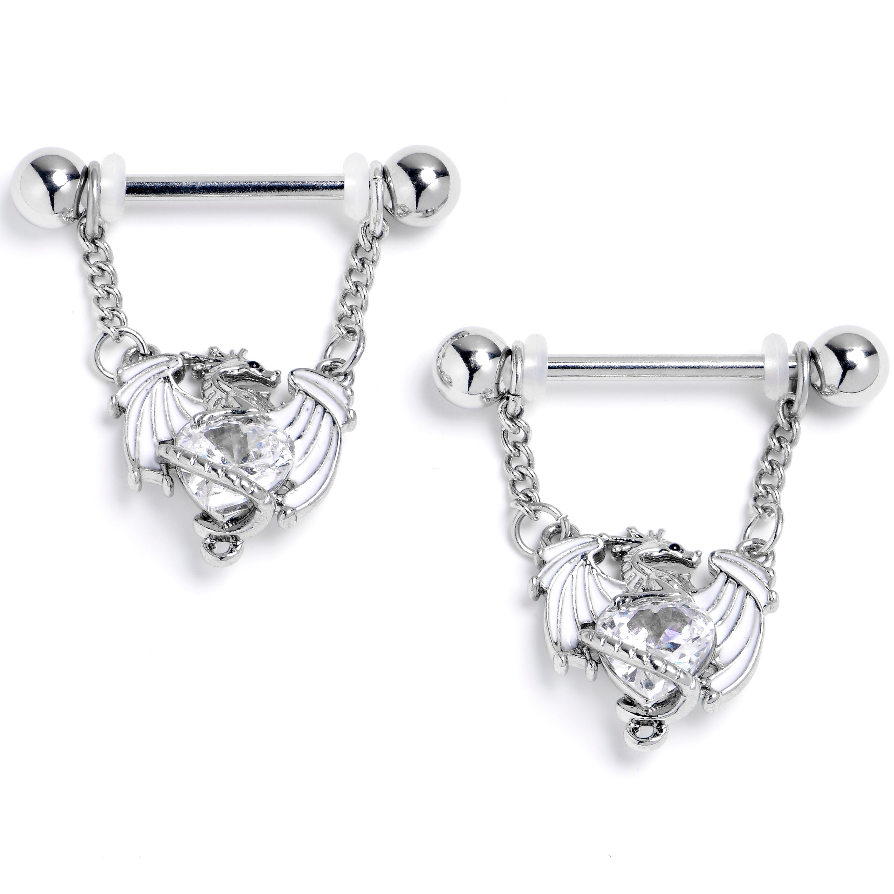 BodyCandy 14G 9/16 Clear CZ Gem Heart of Dragon Dangle Nipple Ring Set — main product shot
