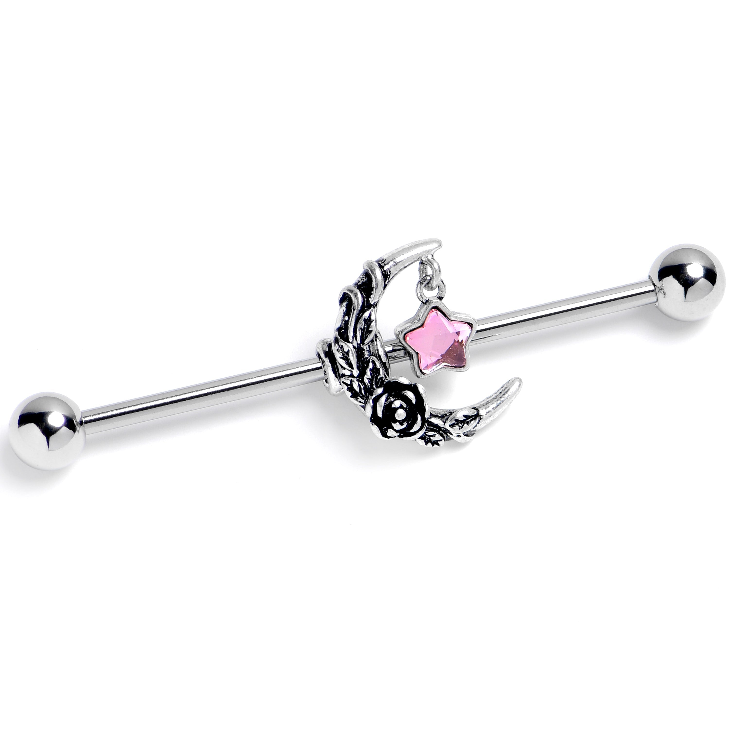 BodyCandy 14G Pink Gem Ornate Moon Star Industrial Barbell 38mm — main product shot