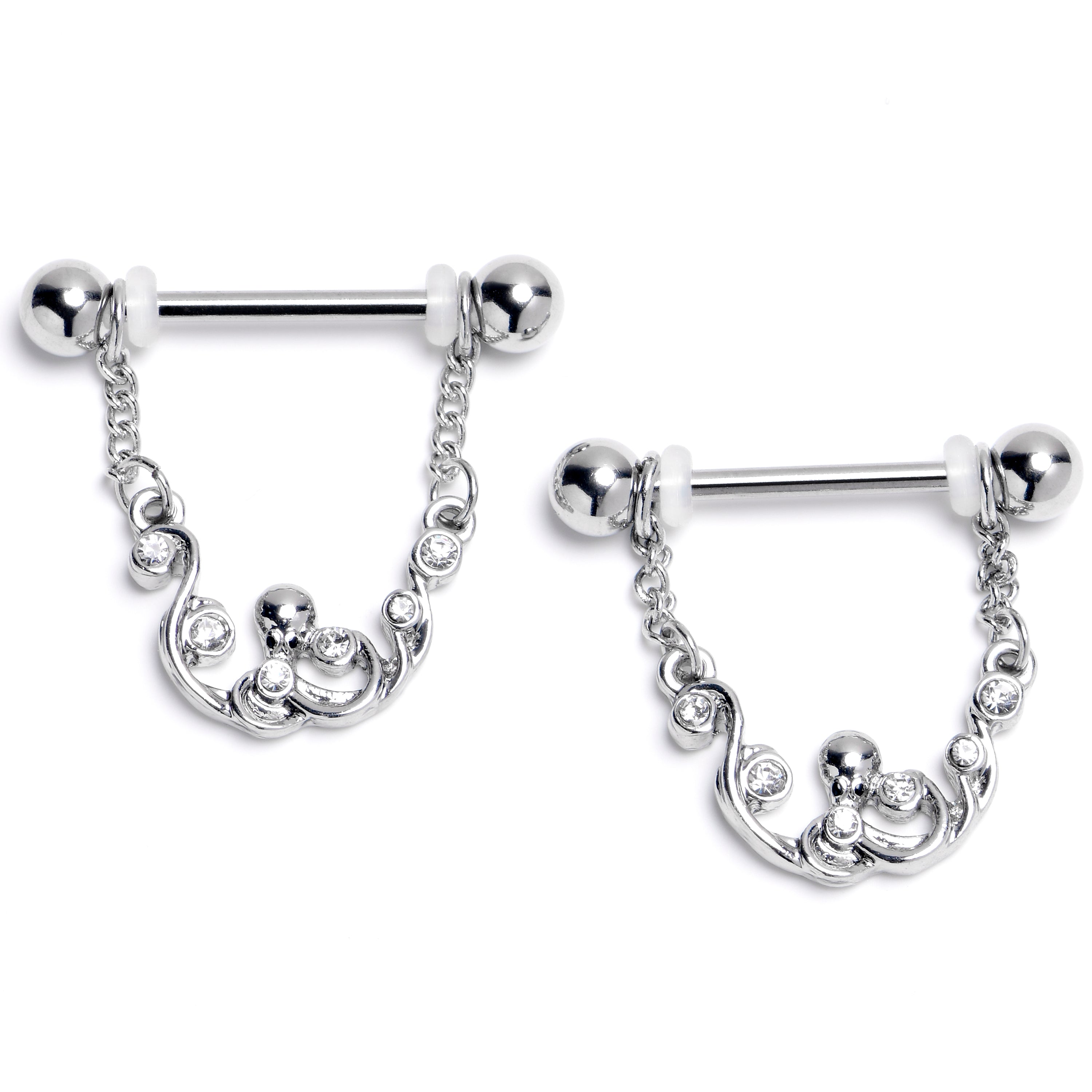 BodyCandy 14G 9/16 Clear Gem Scrolling Elegance Dangle Nipple Ring Set — main product shot