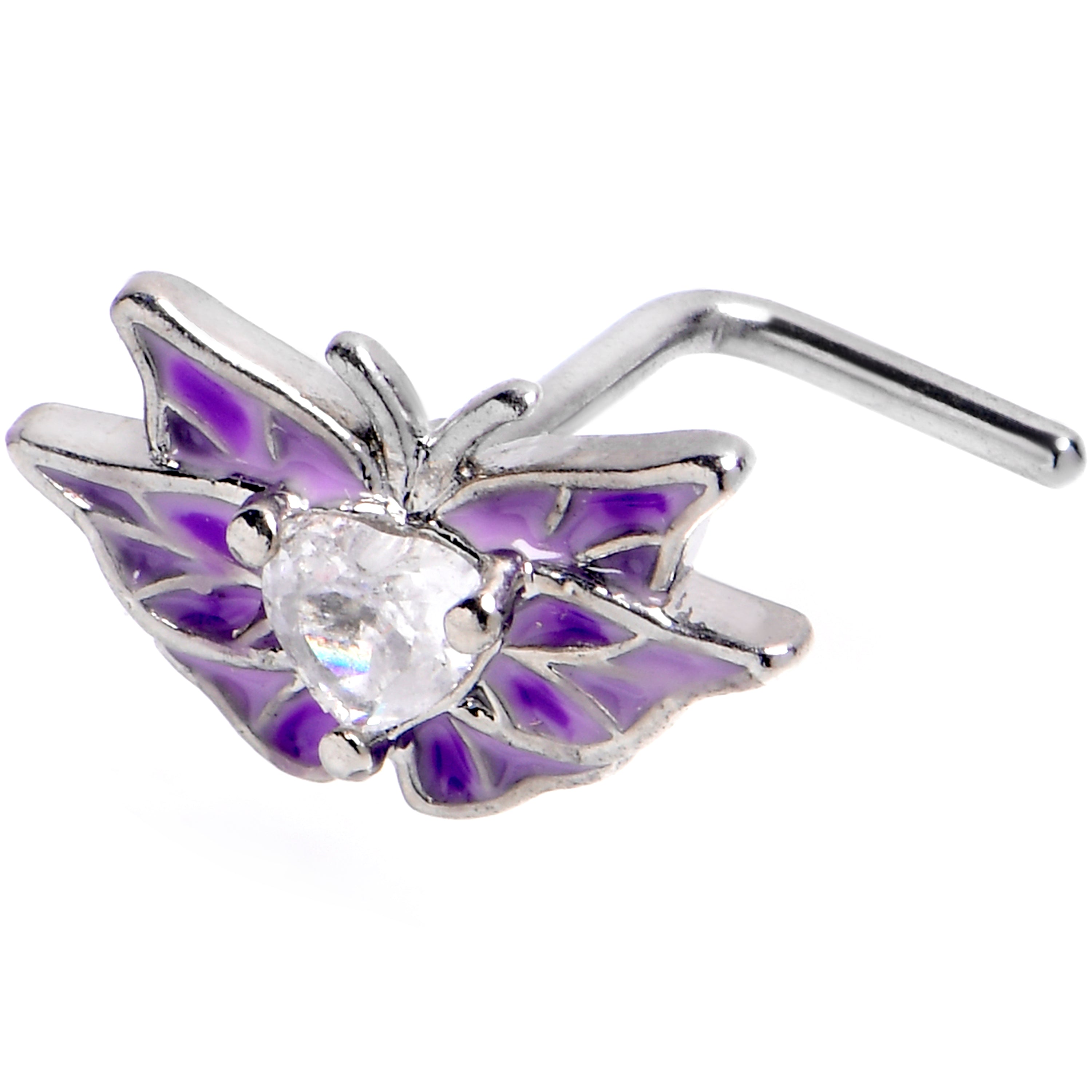 BodyCandy 20G 7mm Clear CZ Gem Heart Butterfly Purple L Shape Nose Ring — main product shot