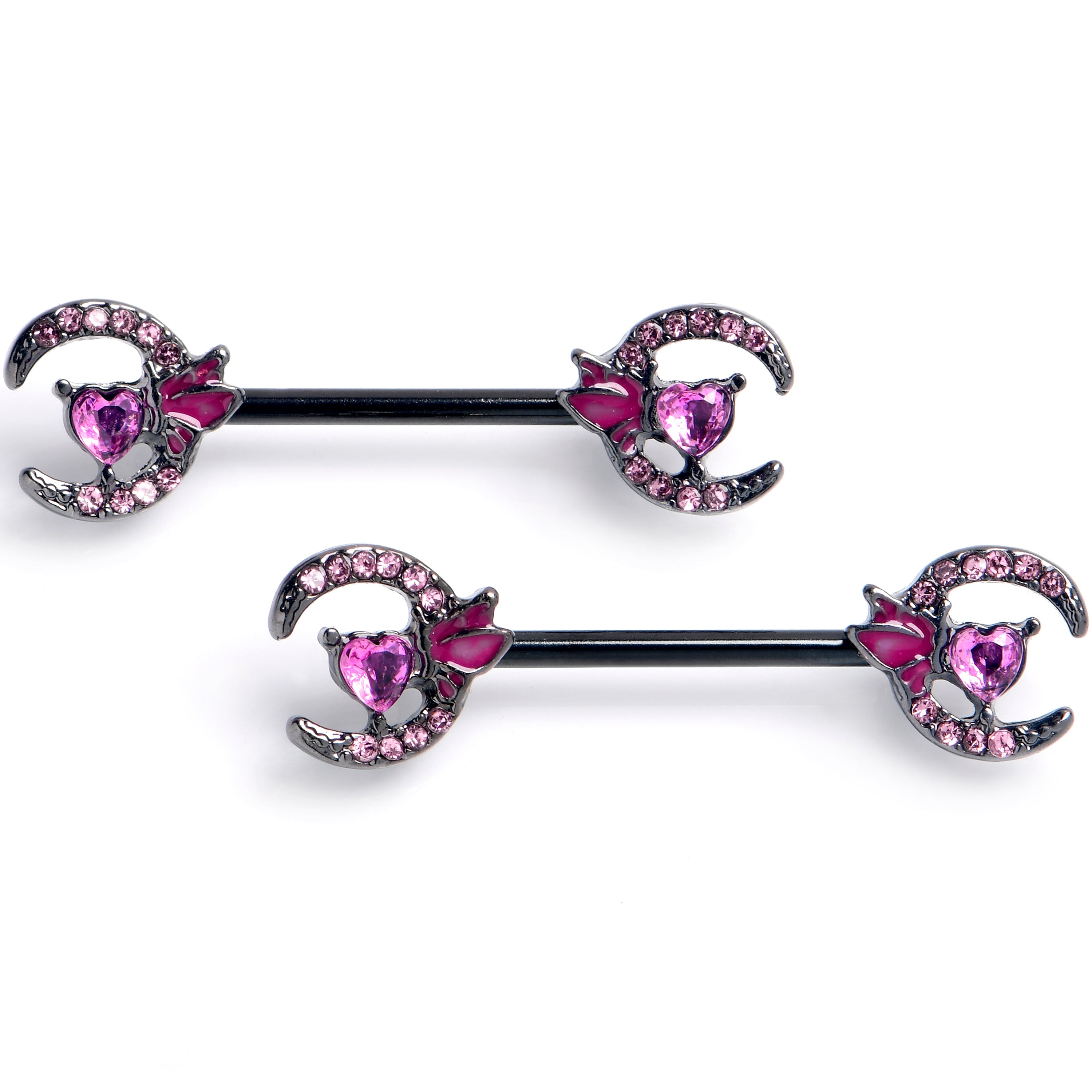 BodyCandy 14G 9/16 Pink Gem Black Butterfly Heart Moon Barbell Nipple Ring Set — main product shot