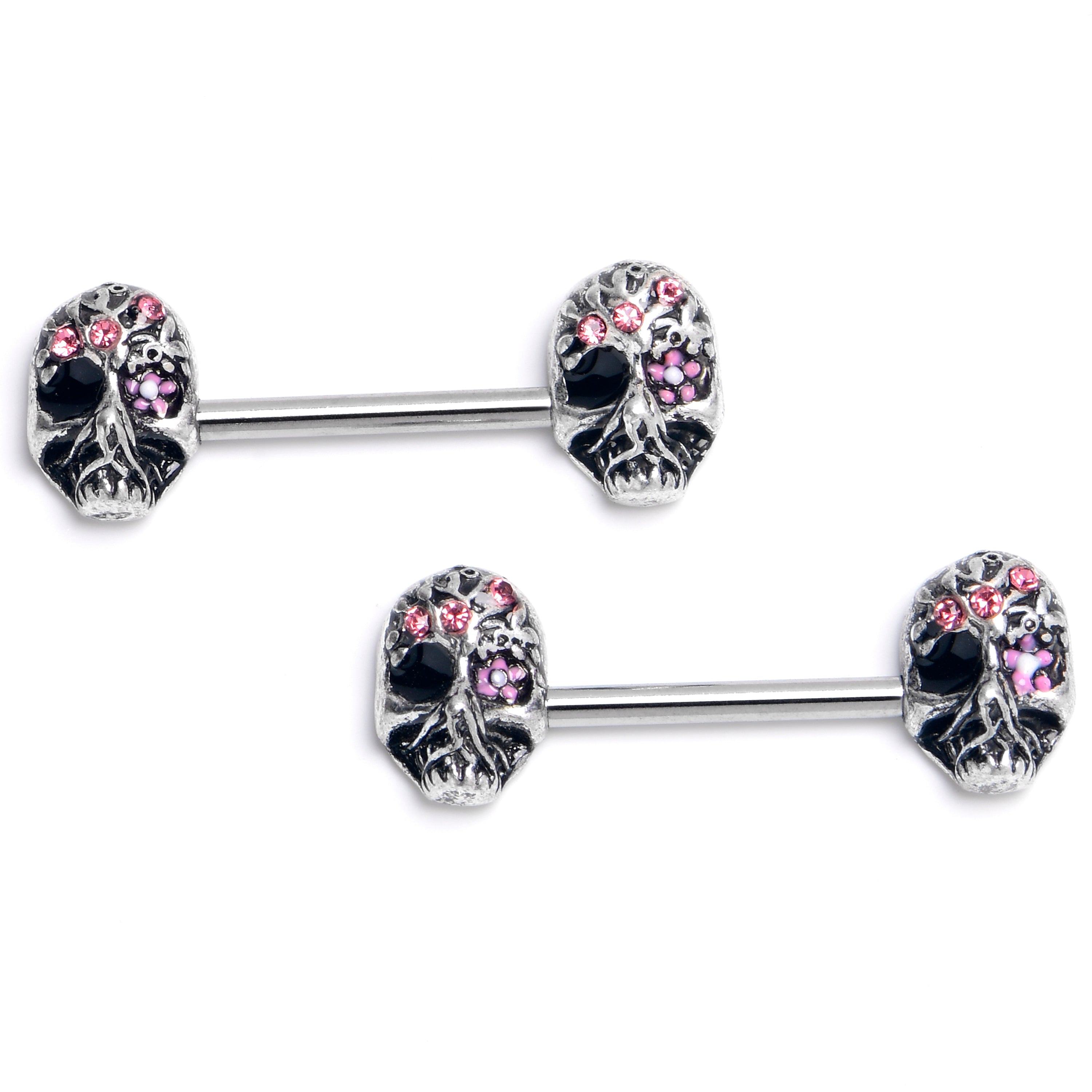 BodyCandy 14G 9/16 Pink Black CZ Gem Stylish Skull Barbell Nipple Ring Set — main product shot