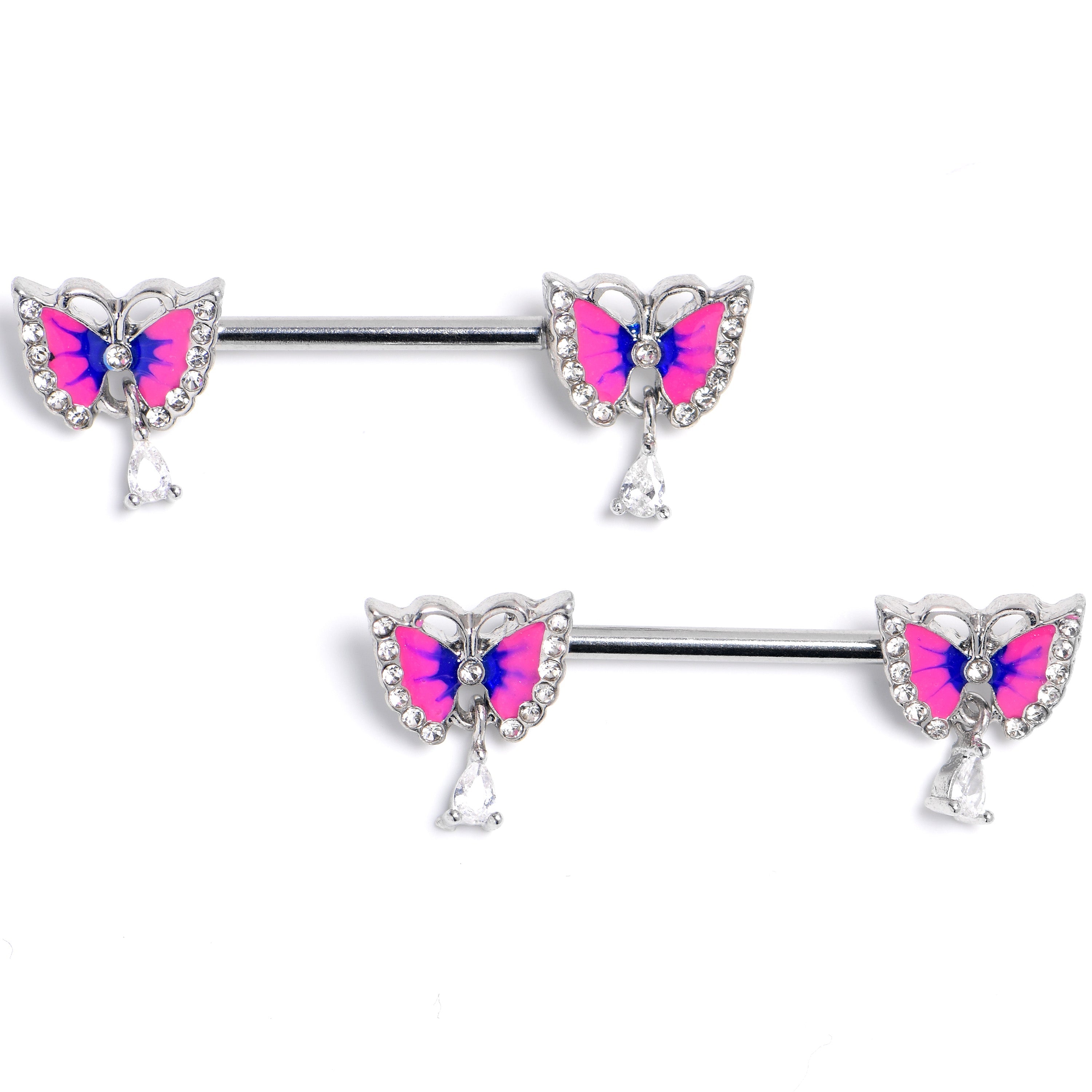 BodyCandy 14G 9/16 Clear Gem Butterfly Blue Pink Dangle Nipple Ring Set — main product shot
