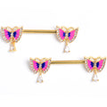 BodyCandy 14G 9/16 Clear Gem Gold Tone Butterfly Pink Dangle Nipple Ring Set — main product shot