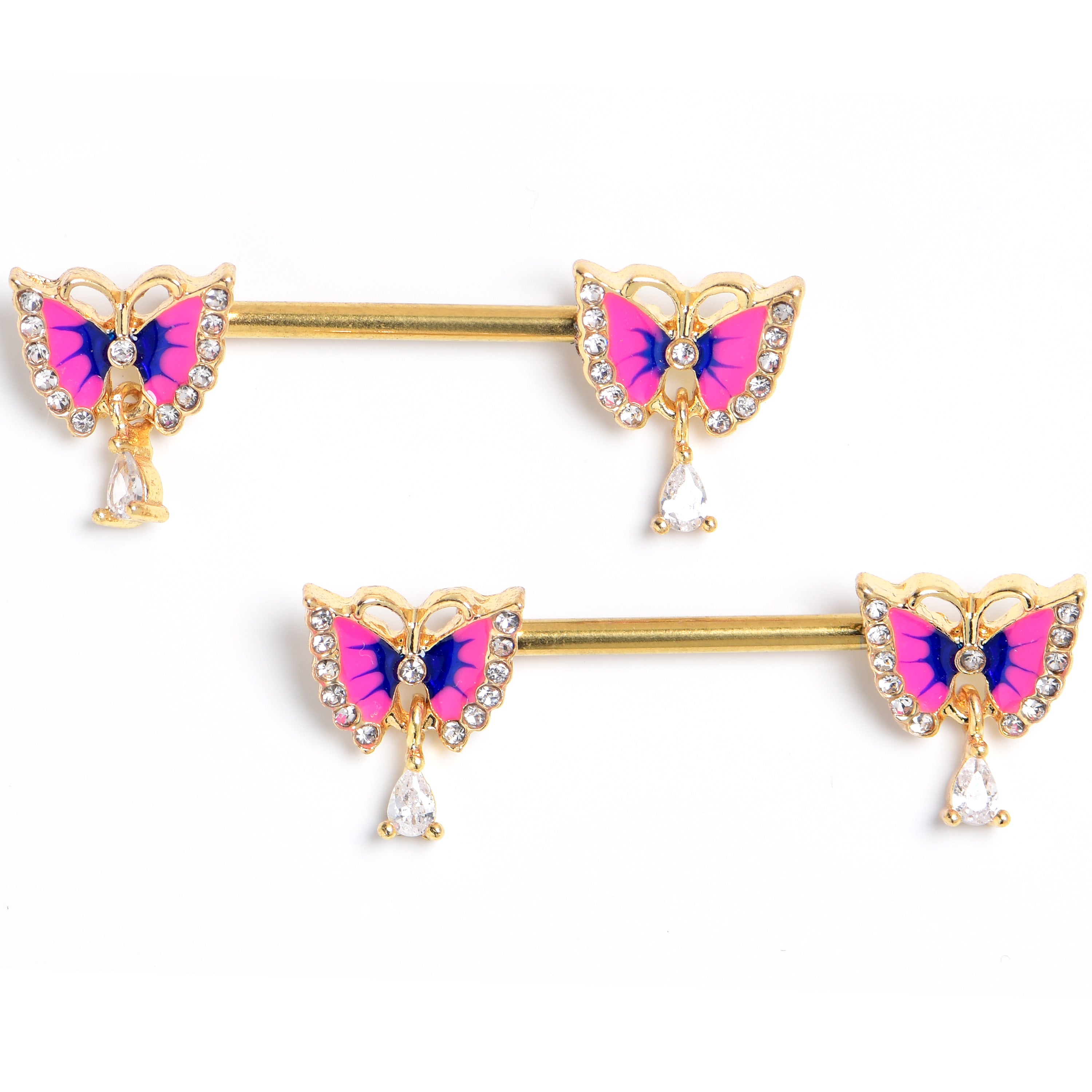 BodyCandy 14G 9/16 Clear Gem Gold Tone Butterfly Pink Dangle Nipple Ring Set — main product shot