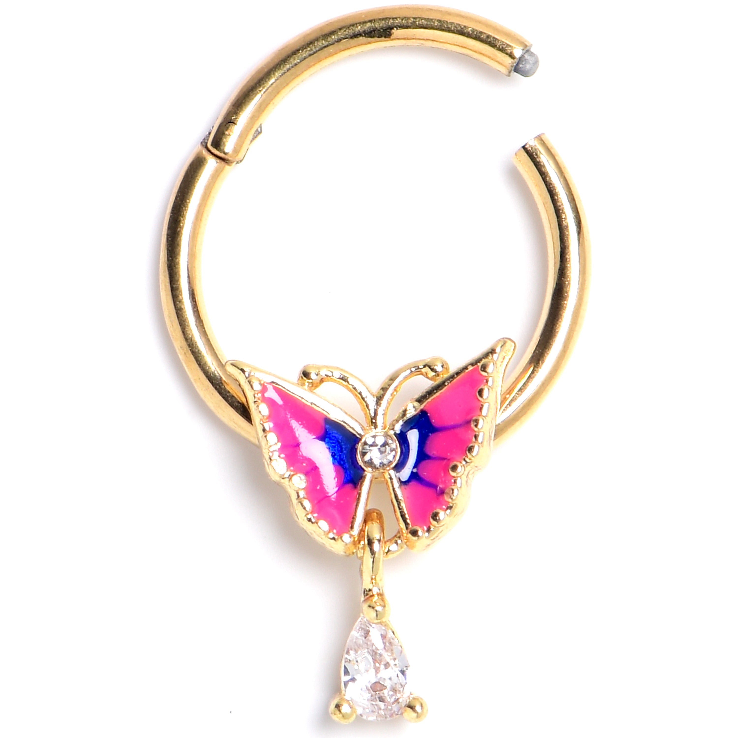 BodyCandy 16G 3/8 Clear Gem Gold Tone Butterfly Pink Hinged Segment Ring — main product shot
