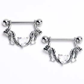 14G 9/16 Clear CZ Gem Serpentine Hearts Dangle Nipple Ring Set