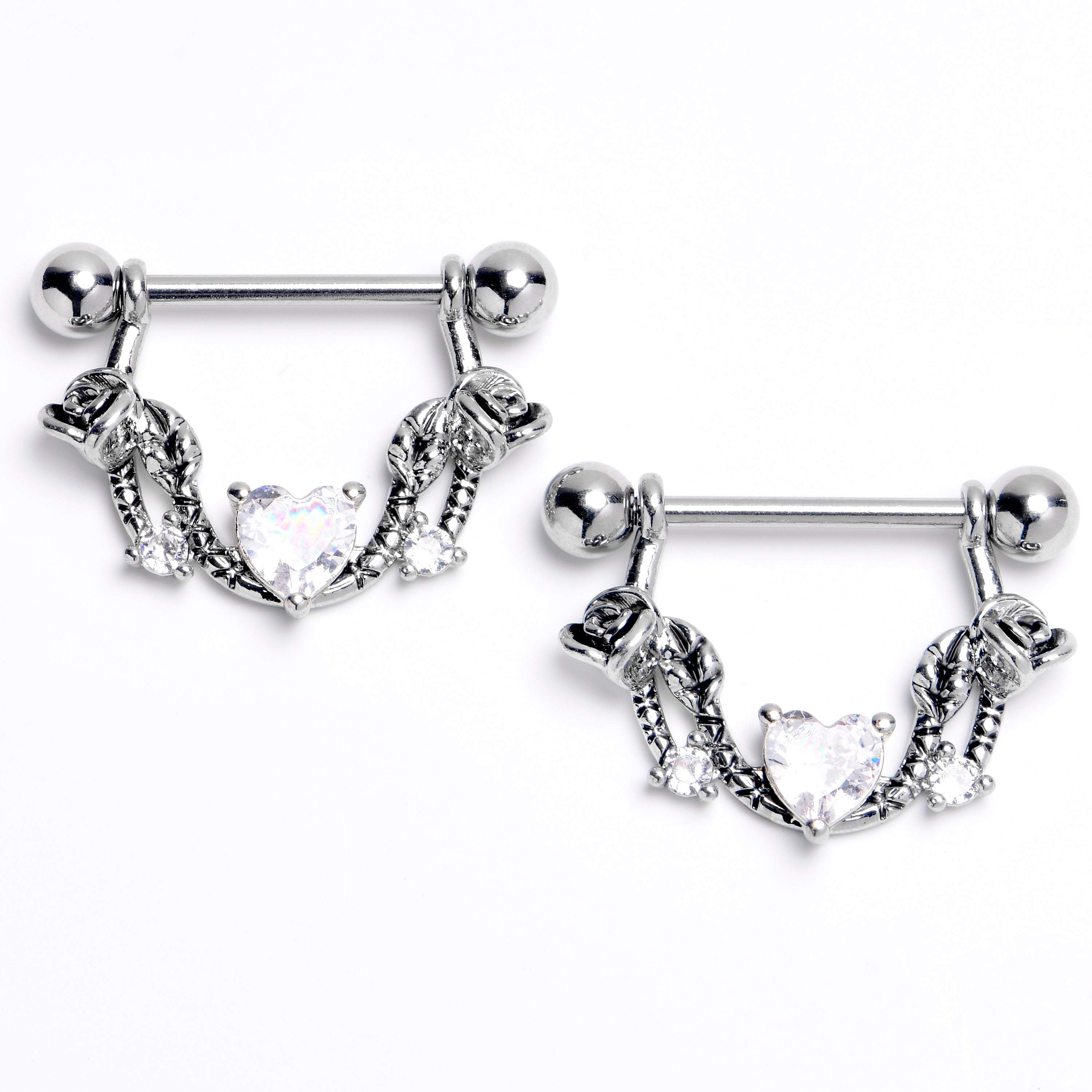 BodyCandy 14G 9/16 Clear CZ Gem Serpentine Hearts Dangle Nipple Ring Set — main product shot
