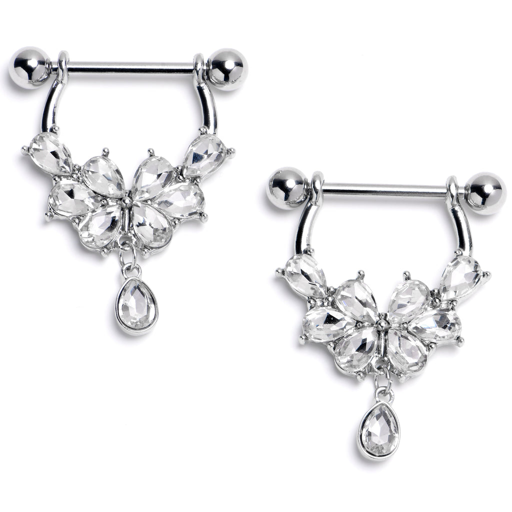 BodyCandy 14G 9/16 Clear Gem Baroque Flower Bloom Dangle Nipple Ring Set — main product shot