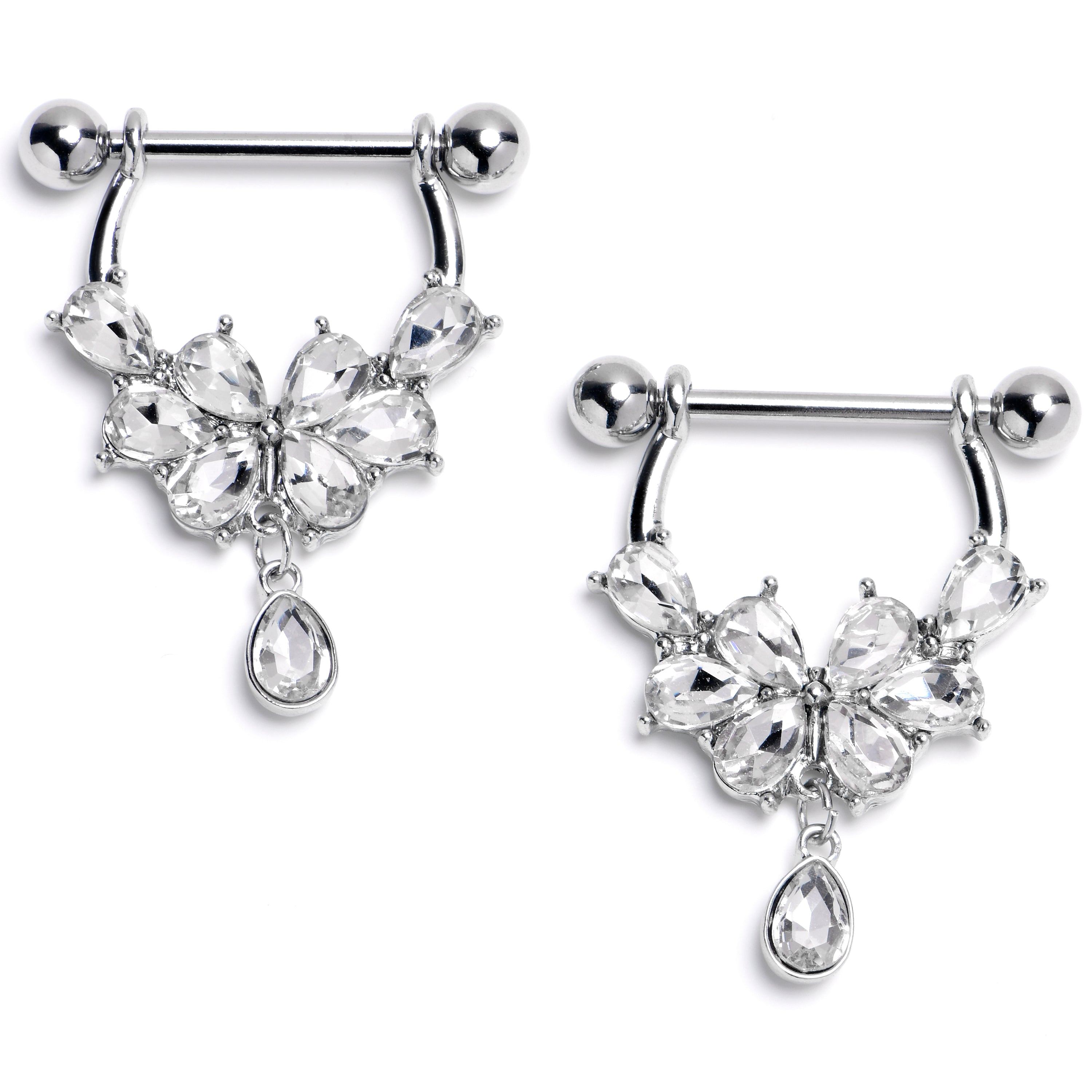 BodyCandy 14G 9/16 Clear Gem Baroque Flower Bloom Dangle Nipple Ring Set — main product shot