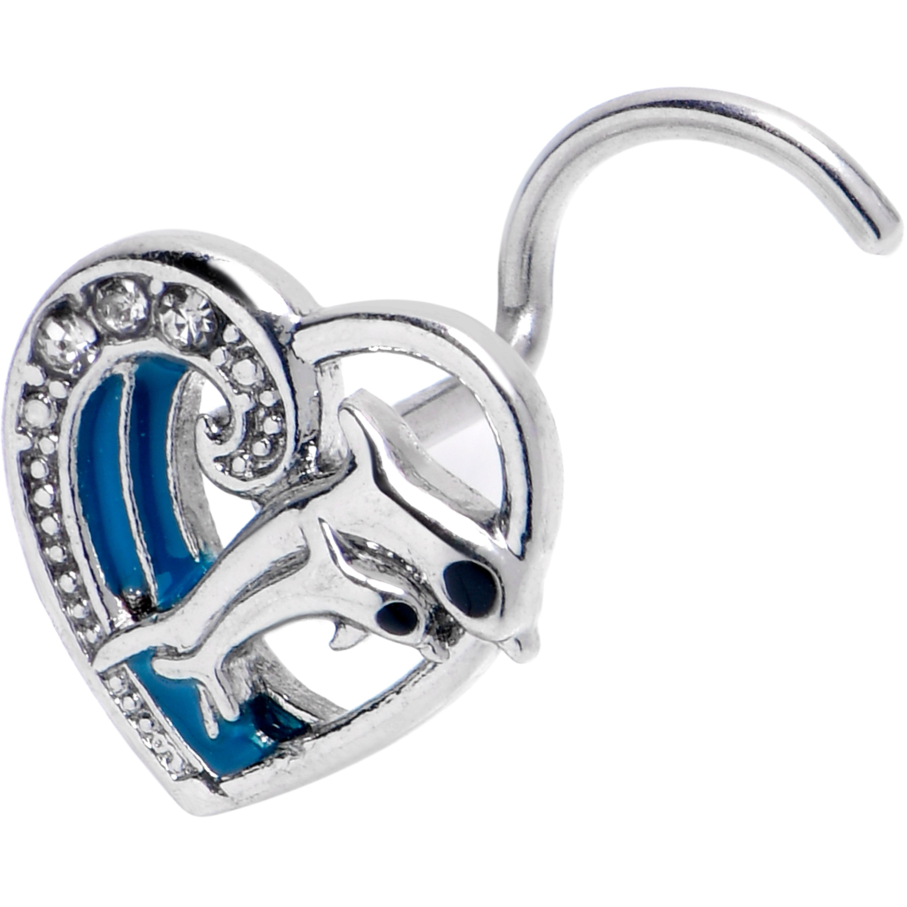BodyCandy 20G 7mm Clear CZ Gem Dolphin Heart Delight Left Side Nose Screw — main product shot