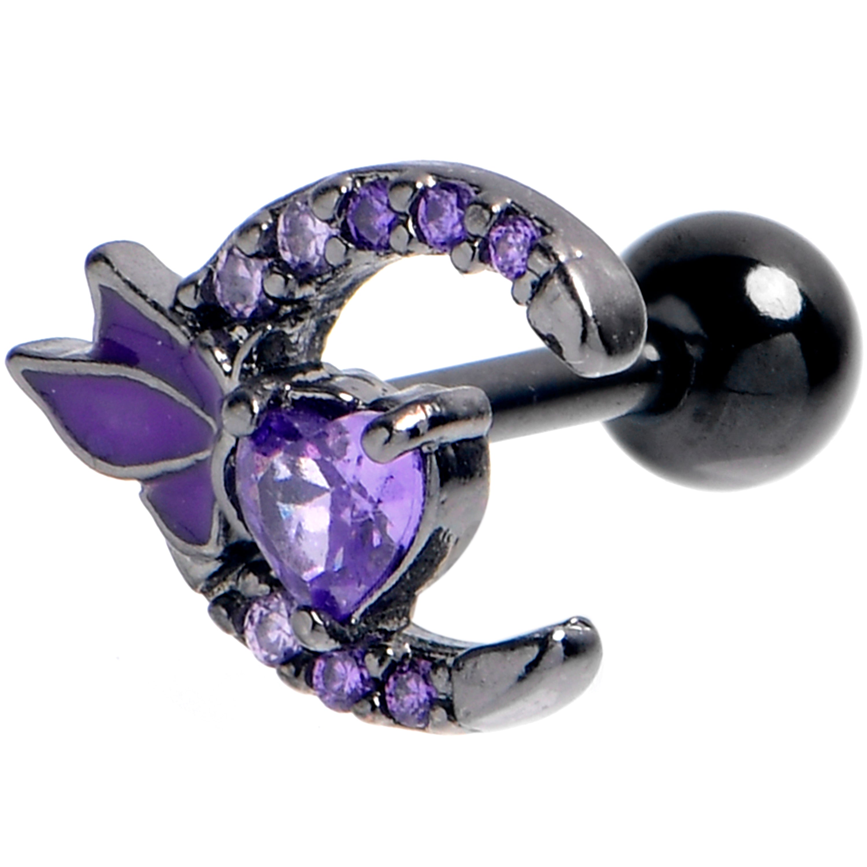 BodyCandy 16G 1/4 Purple Gem Black Butterfly Moon Heart Cartilage Earring — main product shot