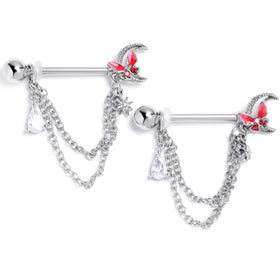 14G 9/16 Clear CZ Gem Butterfly Pink Beauty Dangle Nipple Ring Set