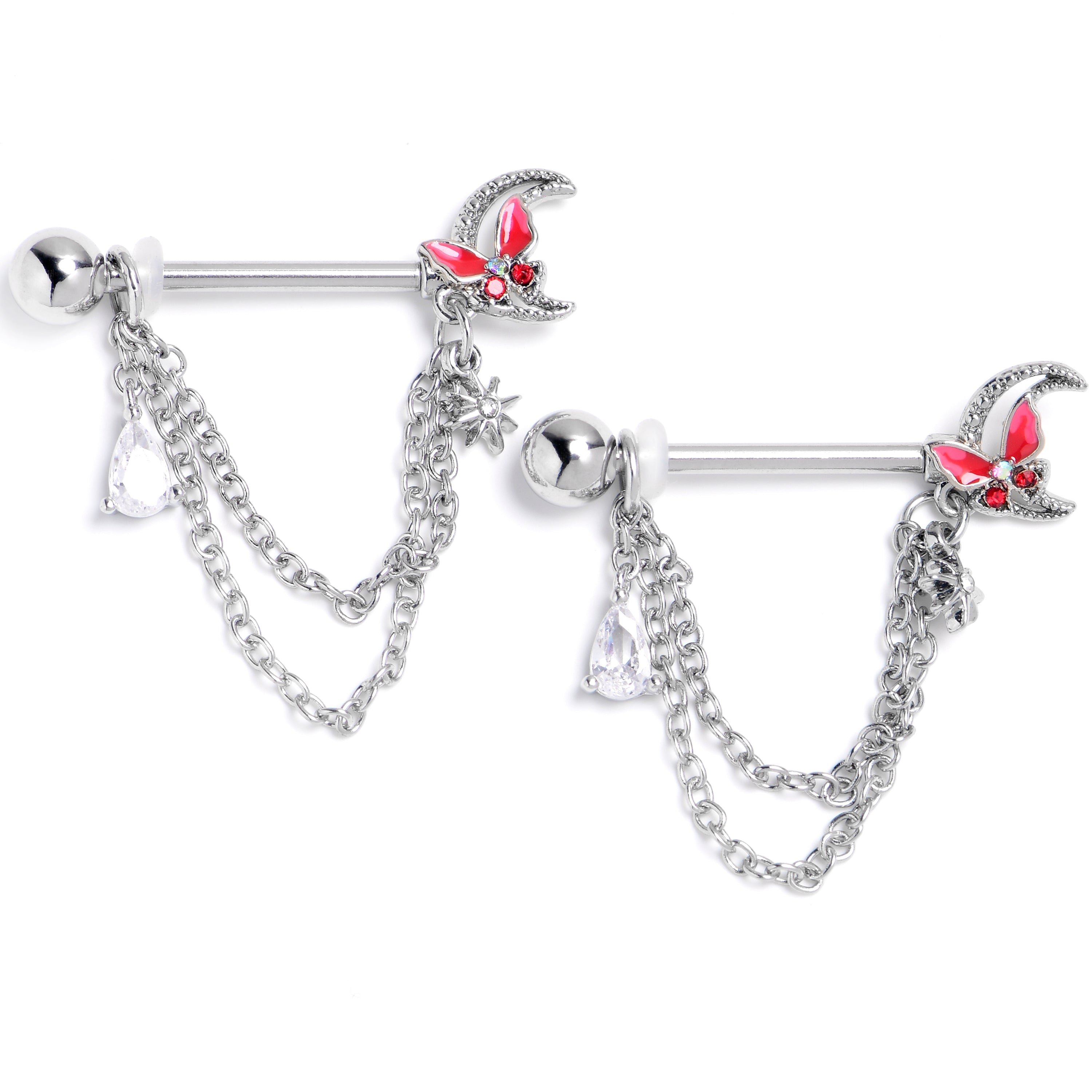 BodyCandy 14G 9/16 Clear CZ Gem Butterfly Pink Beauty Dangle Nipple Ring Set — main product shot