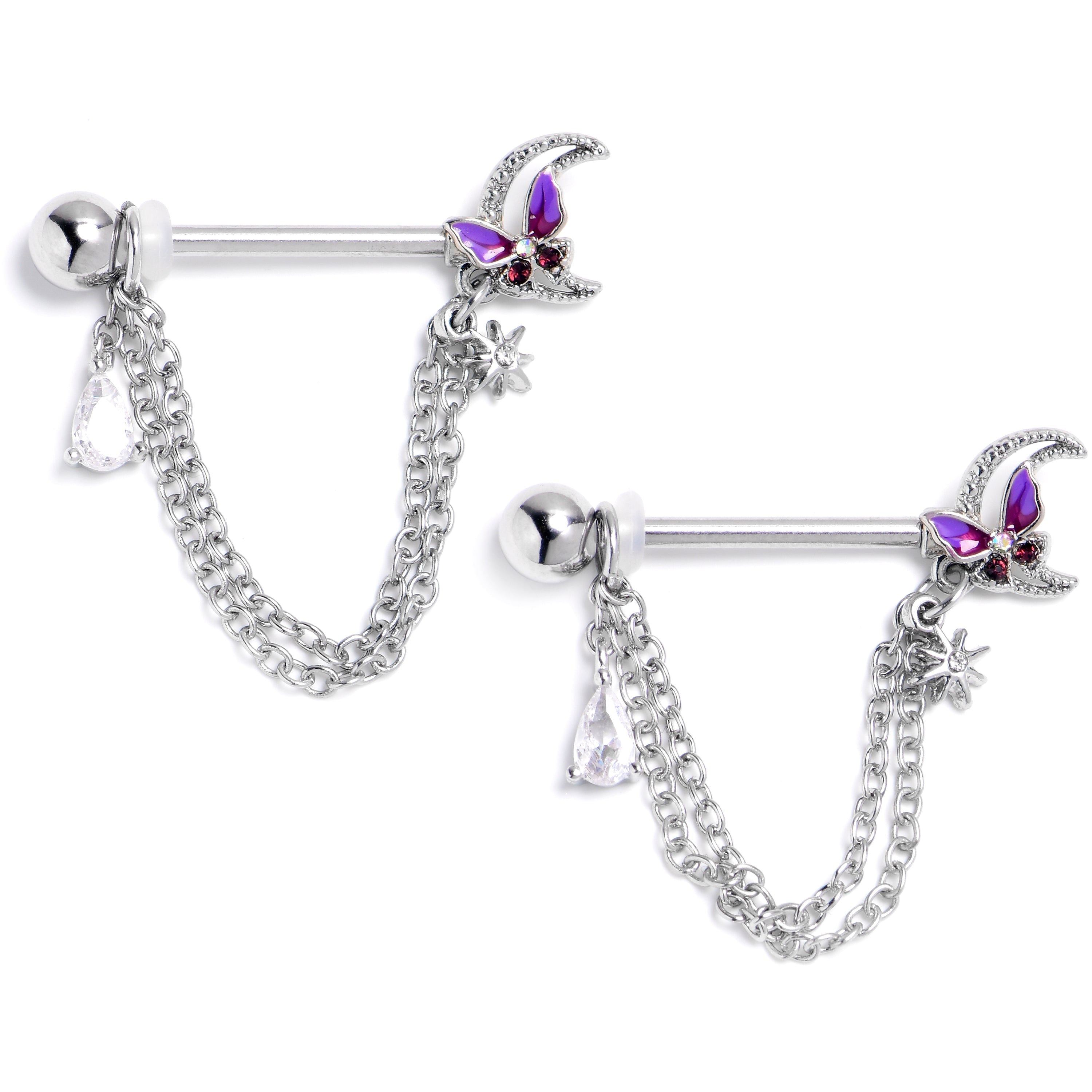 BodyCandy 14G 9/16 Clear CZ Gem Butterfly Purple Beauty Dangle Nipple Ring Set — main product shot