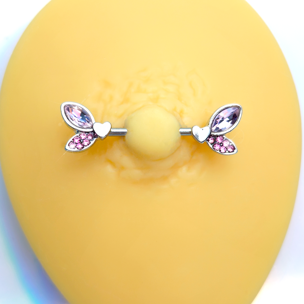 BodyCandy 14G 9/16 Pink Gem Butterfly Lover Barbell Nipple Ring Set — detail close-up