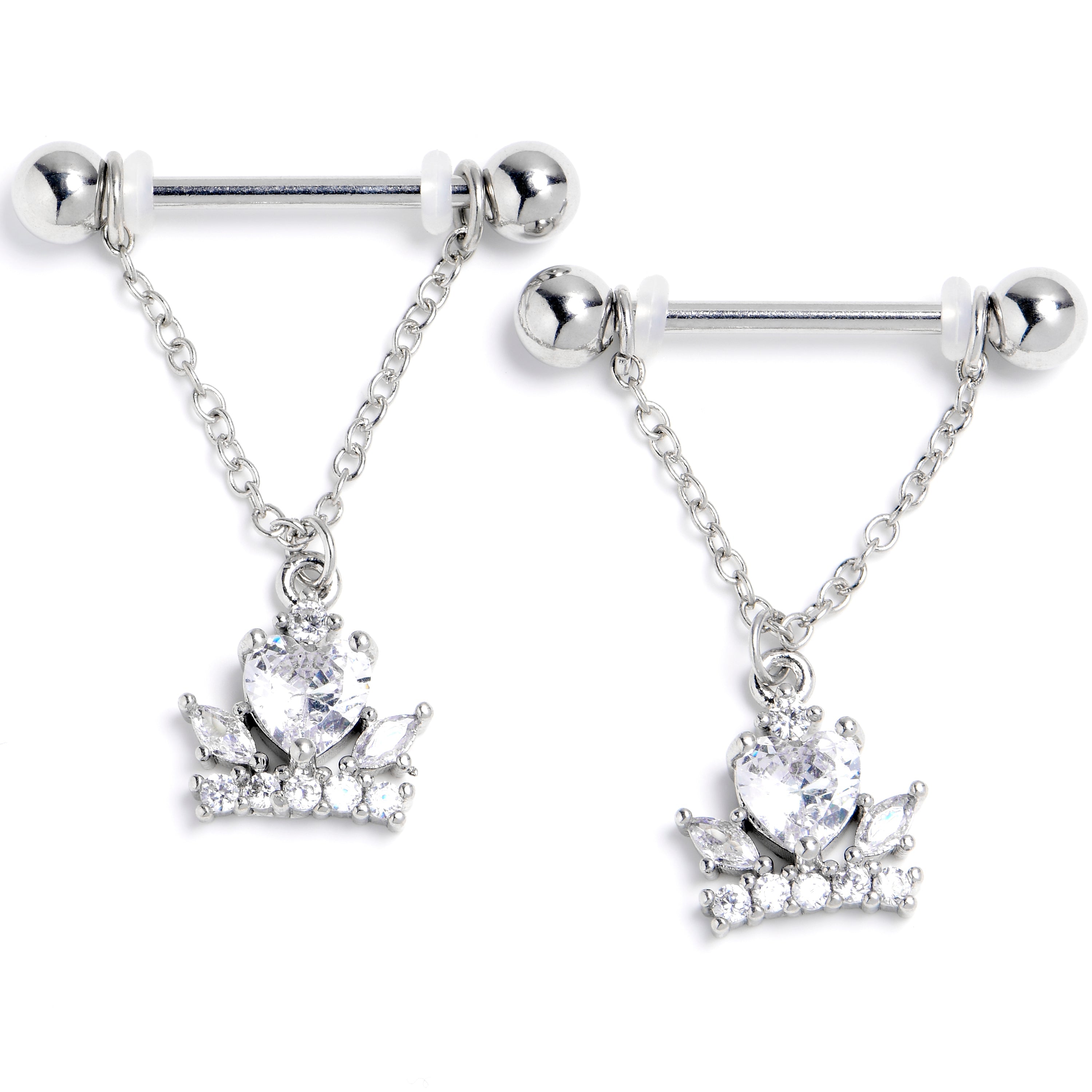 BodyCandy 14G 9/16 Clear CZ Gem Crown Heart Dangle Nipple Ring Set — main product shot