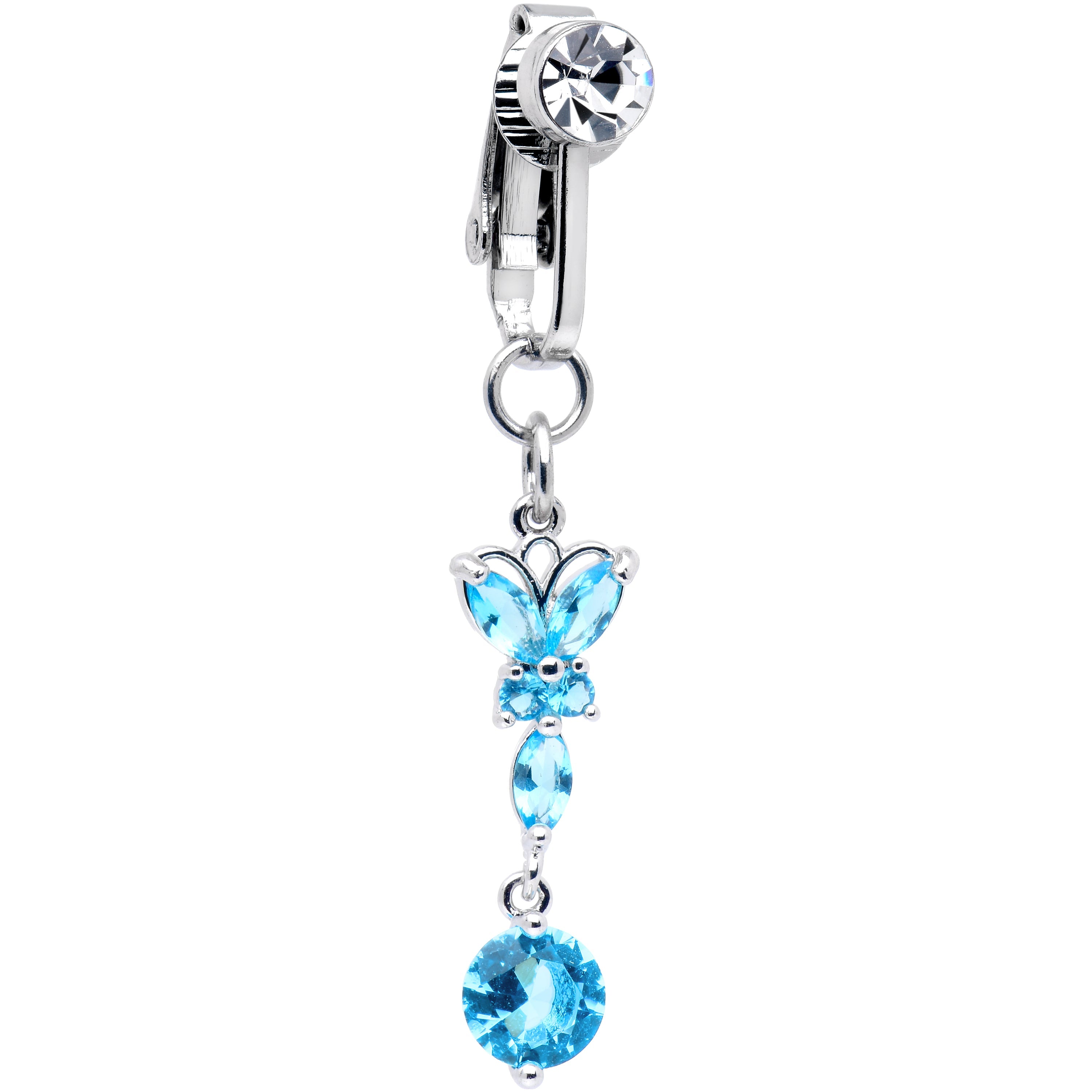 BodyCandy Blue CZ Gem Butterfly Baroque Drop Dangle Clip on Fake Belly Ring — main product shot