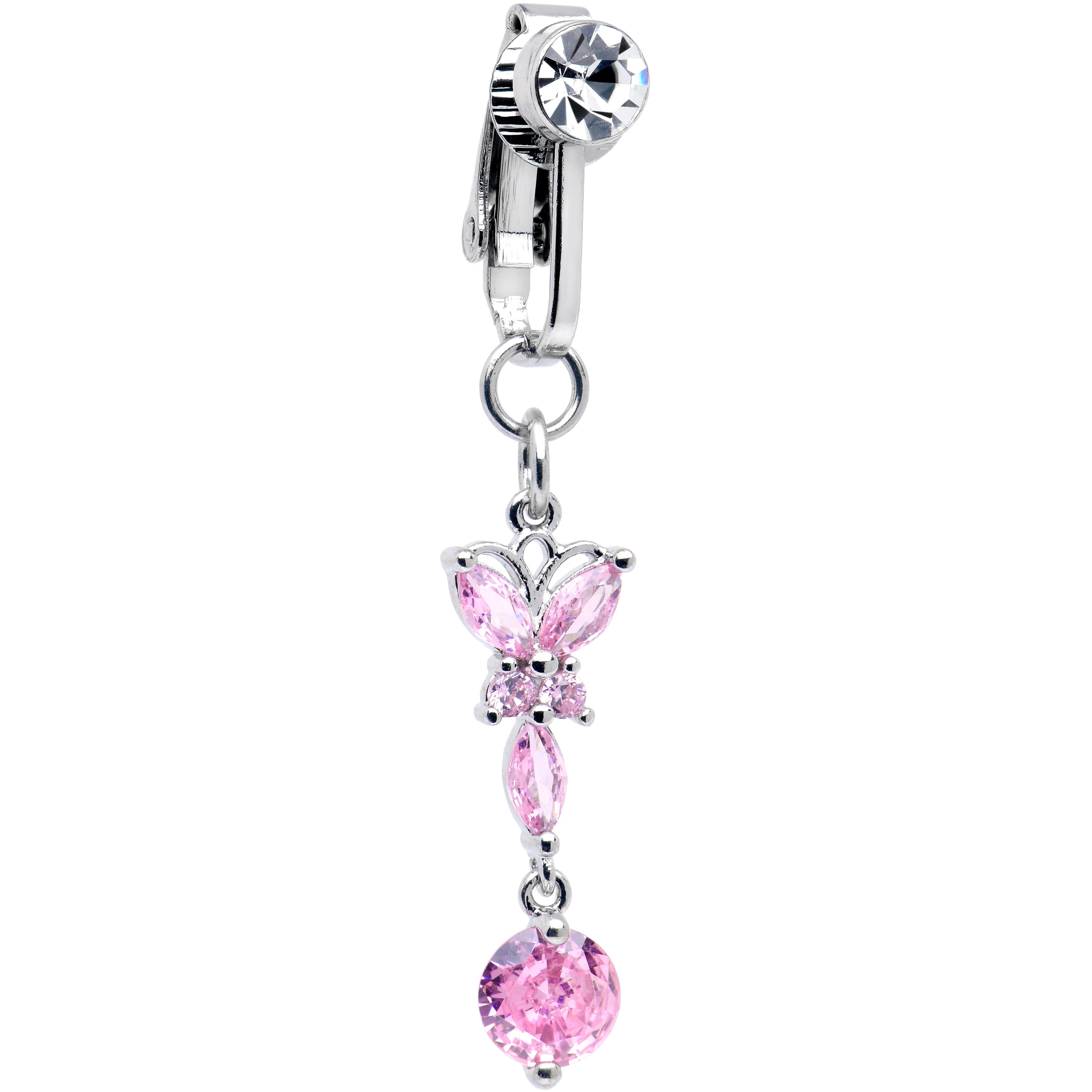 BodyCandy Pink CZ Gem Butterfly Baroque Drop Dangle Clip on Fake Belly Ring — main product shot