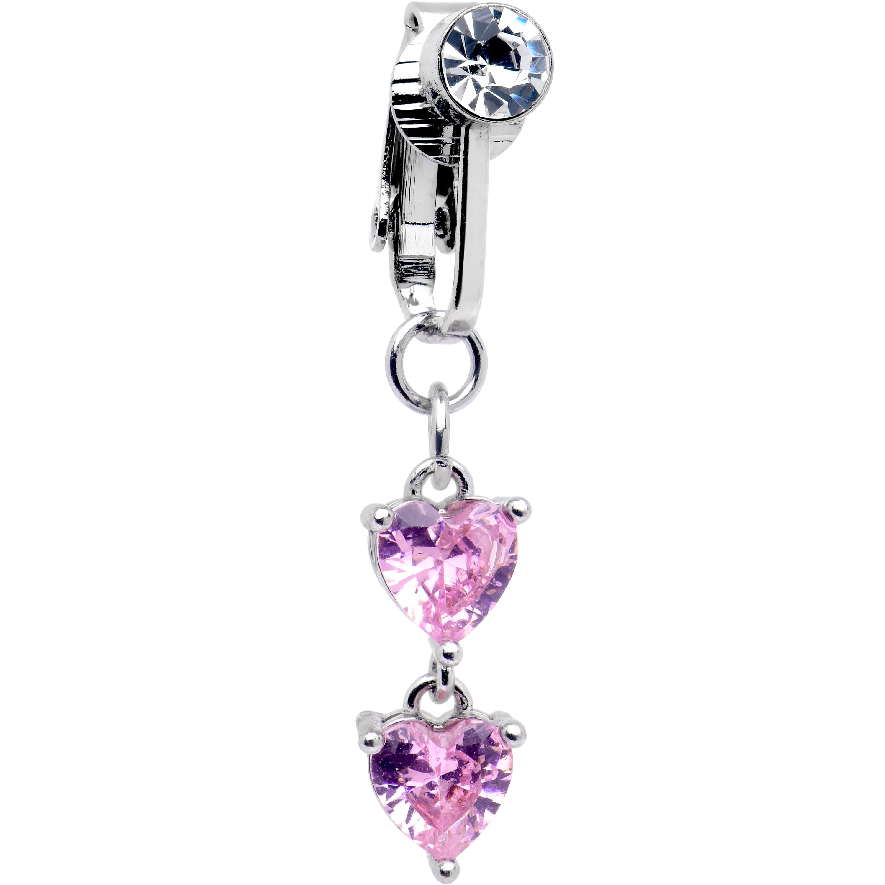 BodyCandy Pink CZ Gem Hearts Dangle Clip on Fake Belly Ring — main product shot