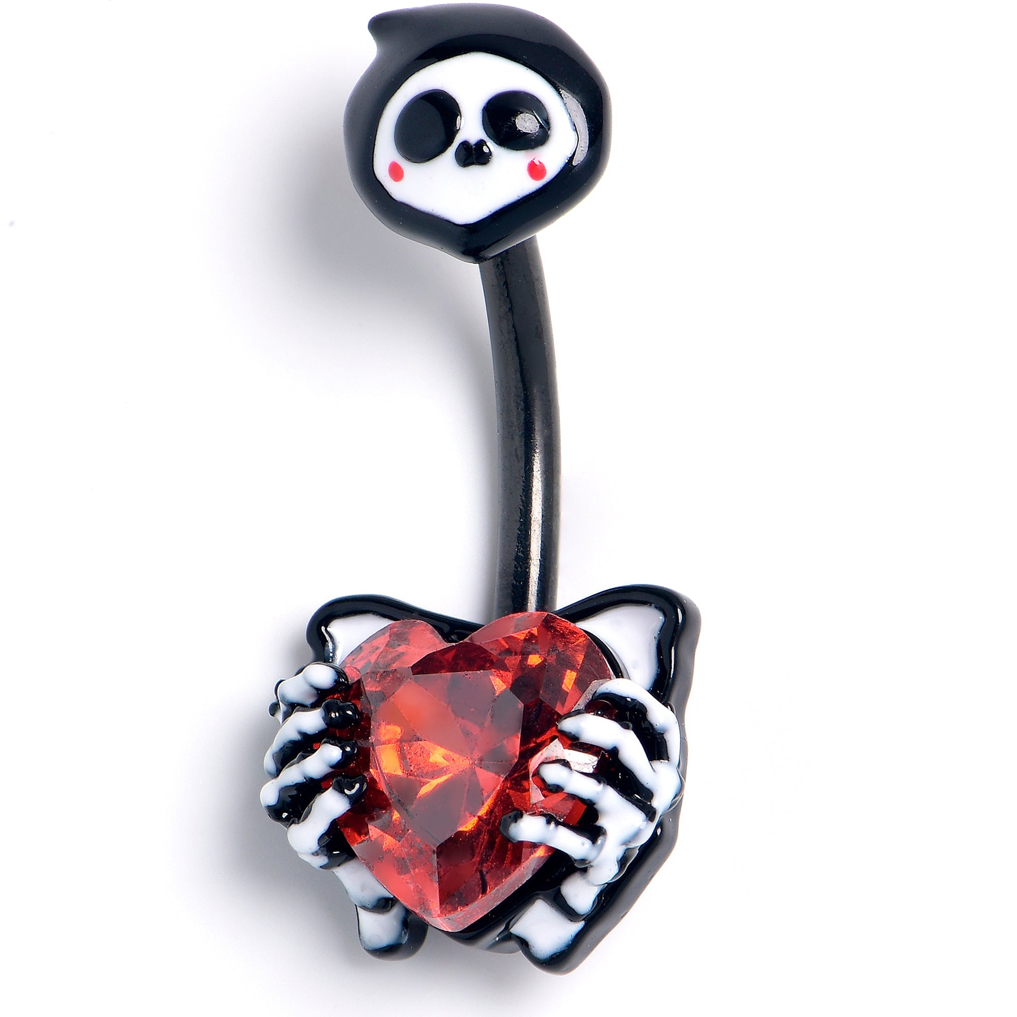 BodyCandy Red Gem Black Skeleton Heart Double Mount Belly Ring — main product shot